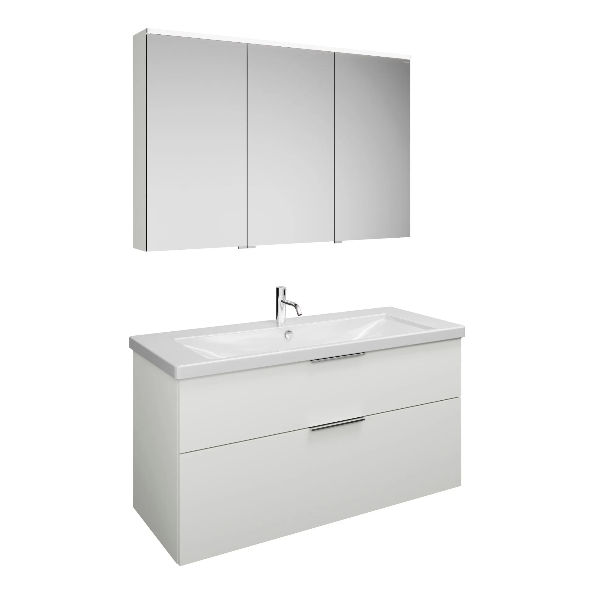 Burgbad EQIO Waschtisch Set mit Spiegelschrank 123 cm breit, Weiß Hochglanz, Waschbecken Keramik Weiß, 3-türig