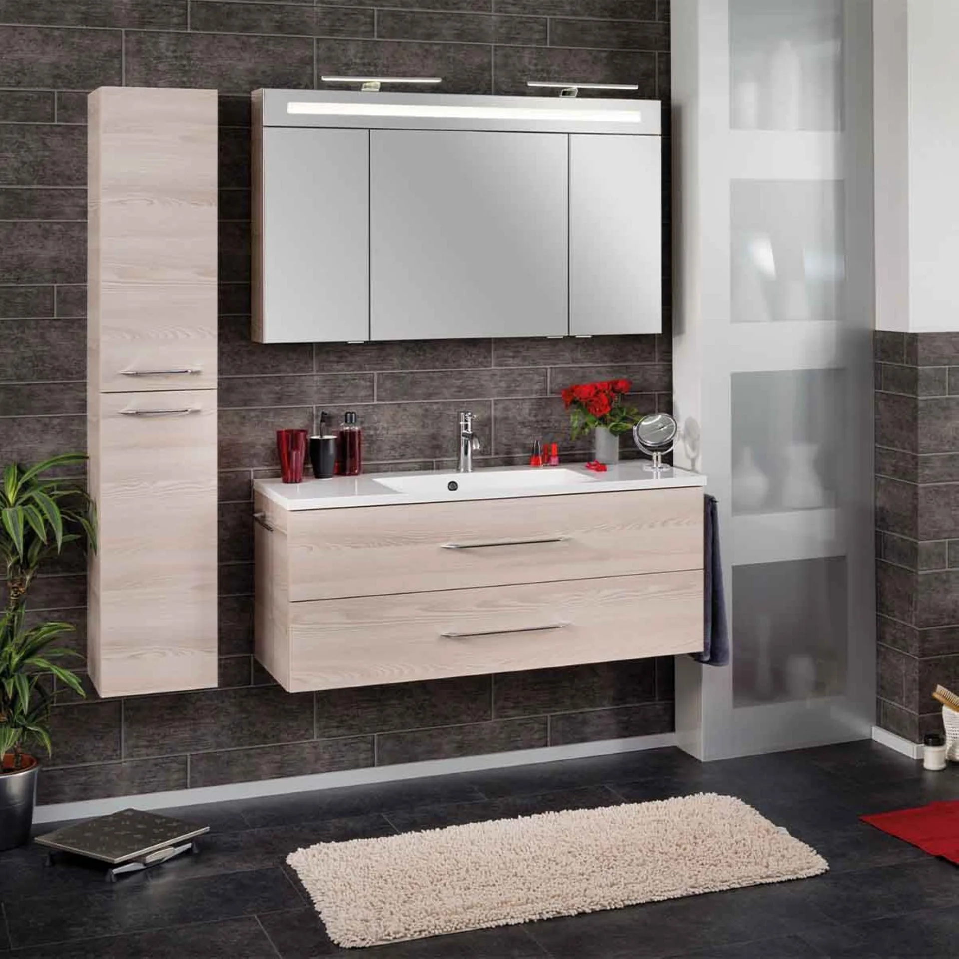 FACKELMANN B.CLEVER Waschbecken mit Unterschrank 120 cm breit, Braun hell, Waschbecken Gussmarmor Weiß