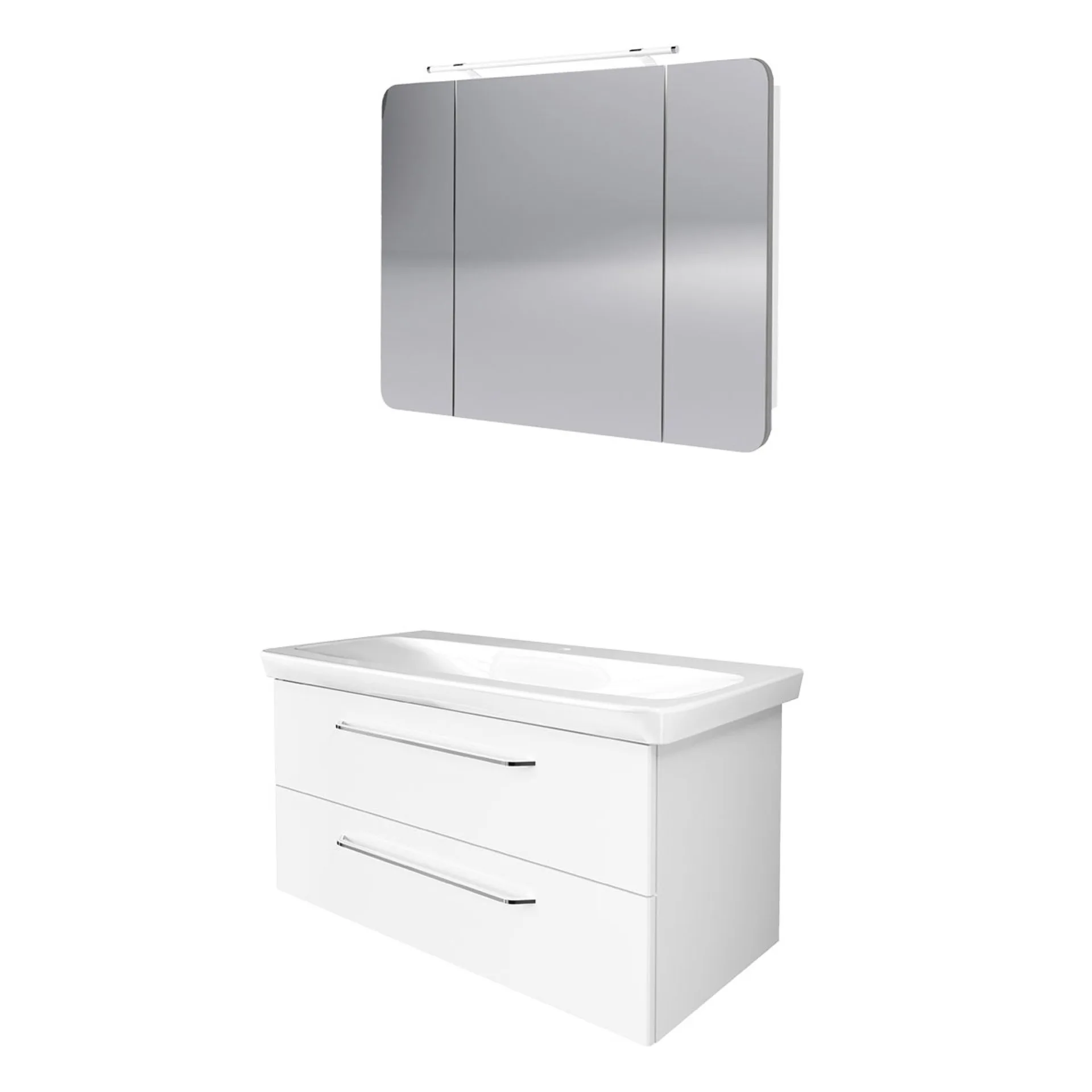 FACKELMANN MILANO Waschtisch Set mit Spiegelschrank 107 cm breit, Weiß, Waschbecken Keramik Weiß