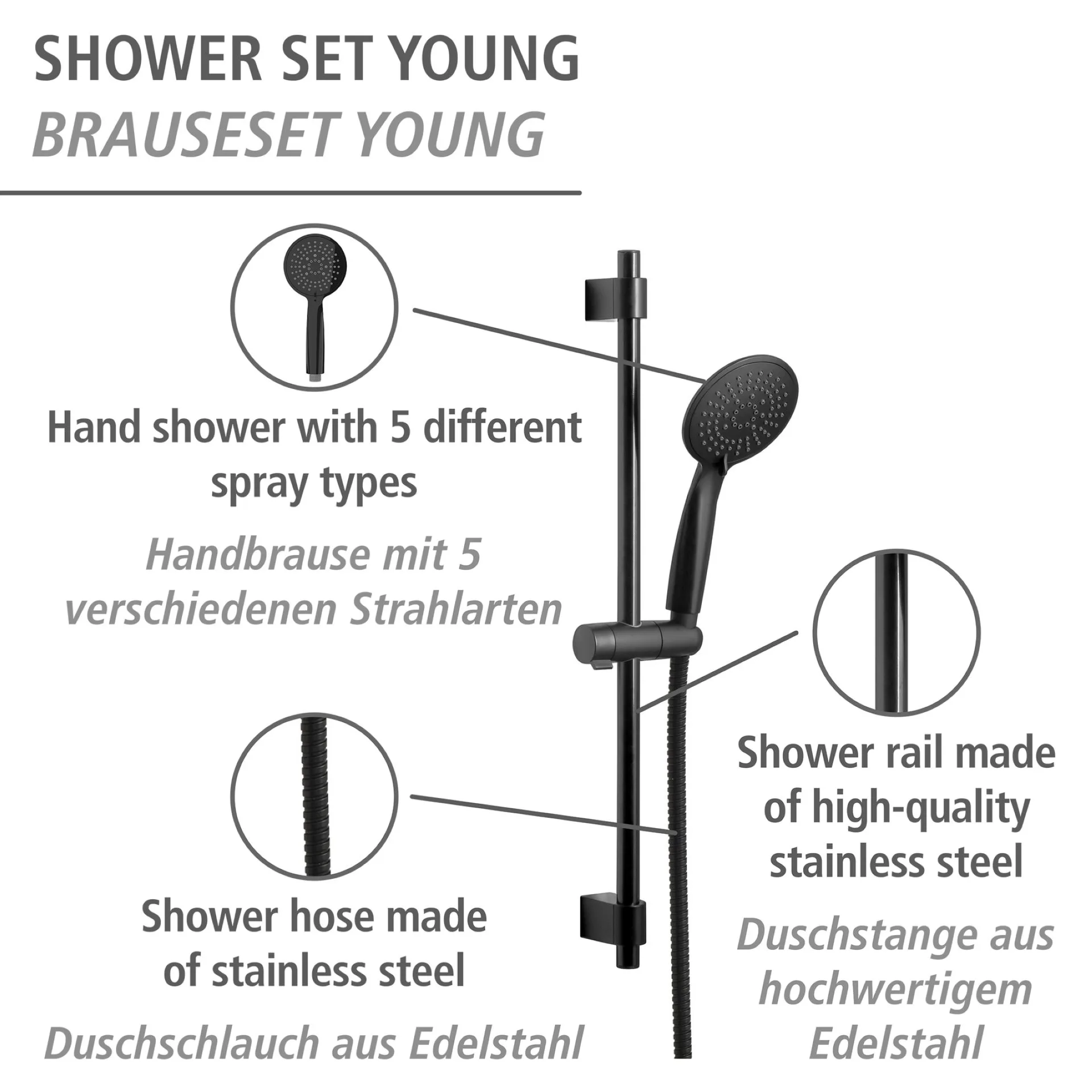 WENKO YOUNG Stangenbrause Set 66 cm, Schwarz