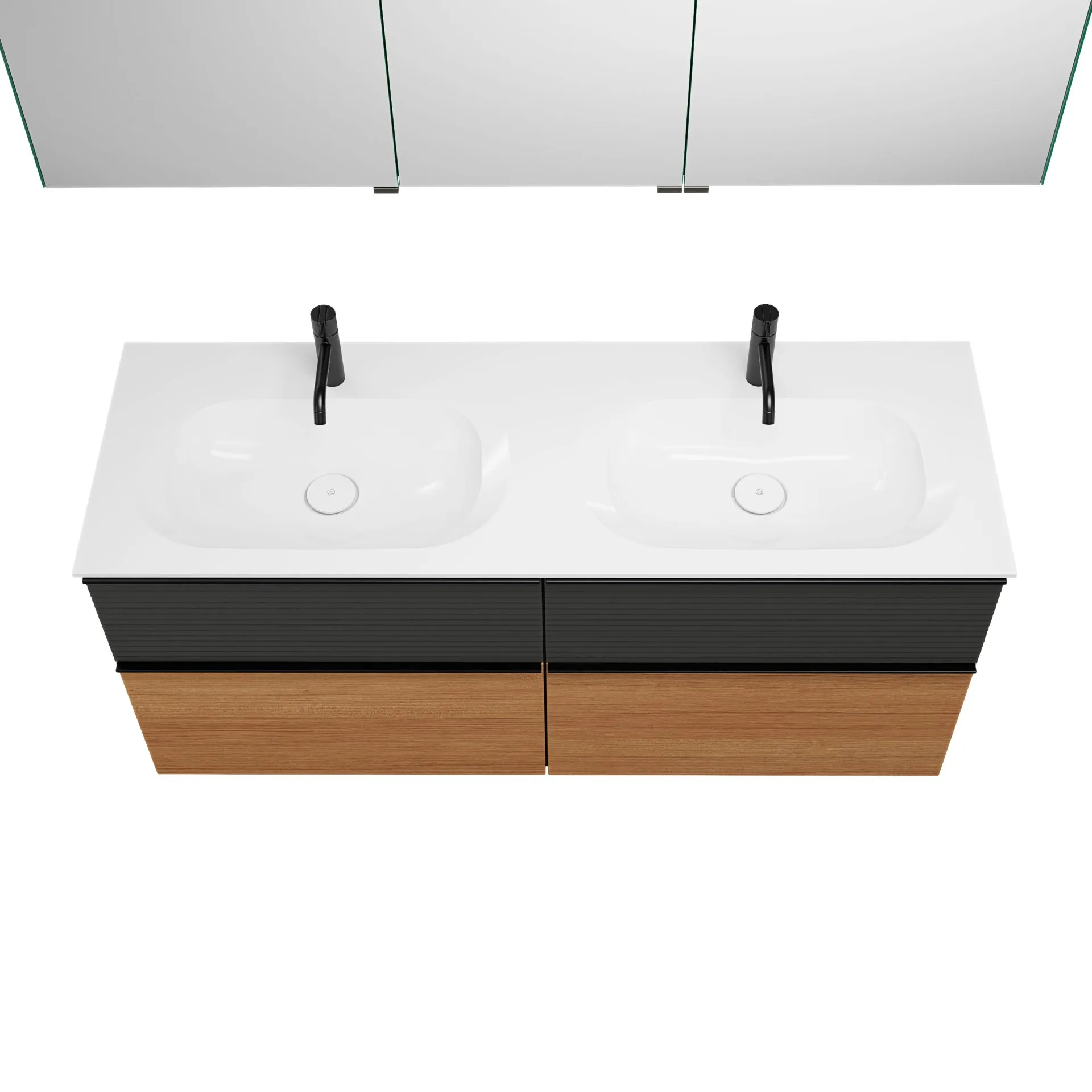 Burgbad FIUMO Waschtisch Set mit Spiegelschrank 142 cm breit, Anthrazit/Braun, Doppelwaschbecken Gussmarmor Weiß, 4 Schubladen, Anschlag links
