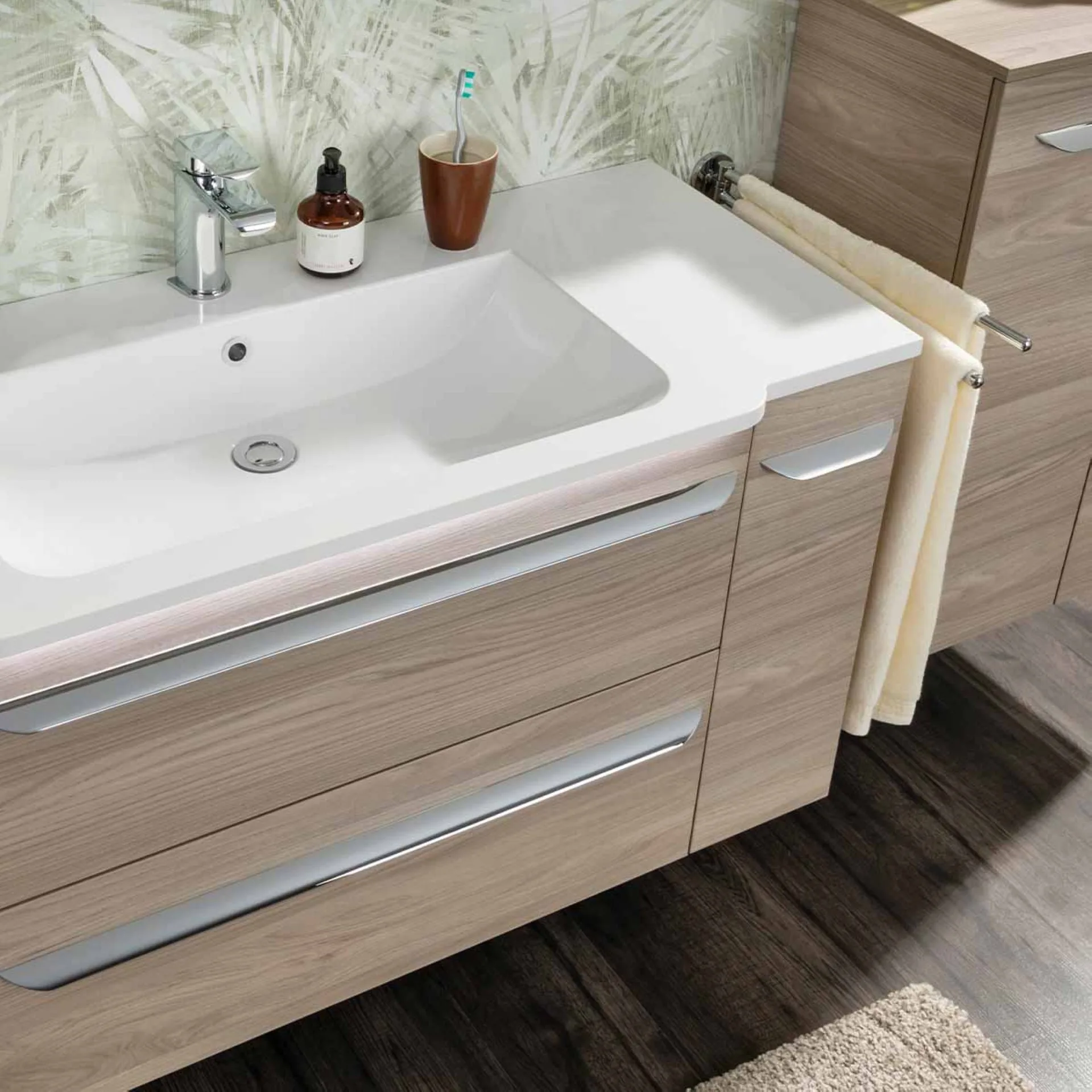 FACKELMANN LUXOR Badmöbel Set 5-teilig 100 cm breit, Braun hell, Waschbecken Gussmarmor Weiß + LED Spiegelschrank + Unterschrank + Hängeschrank Türanschlag rechts