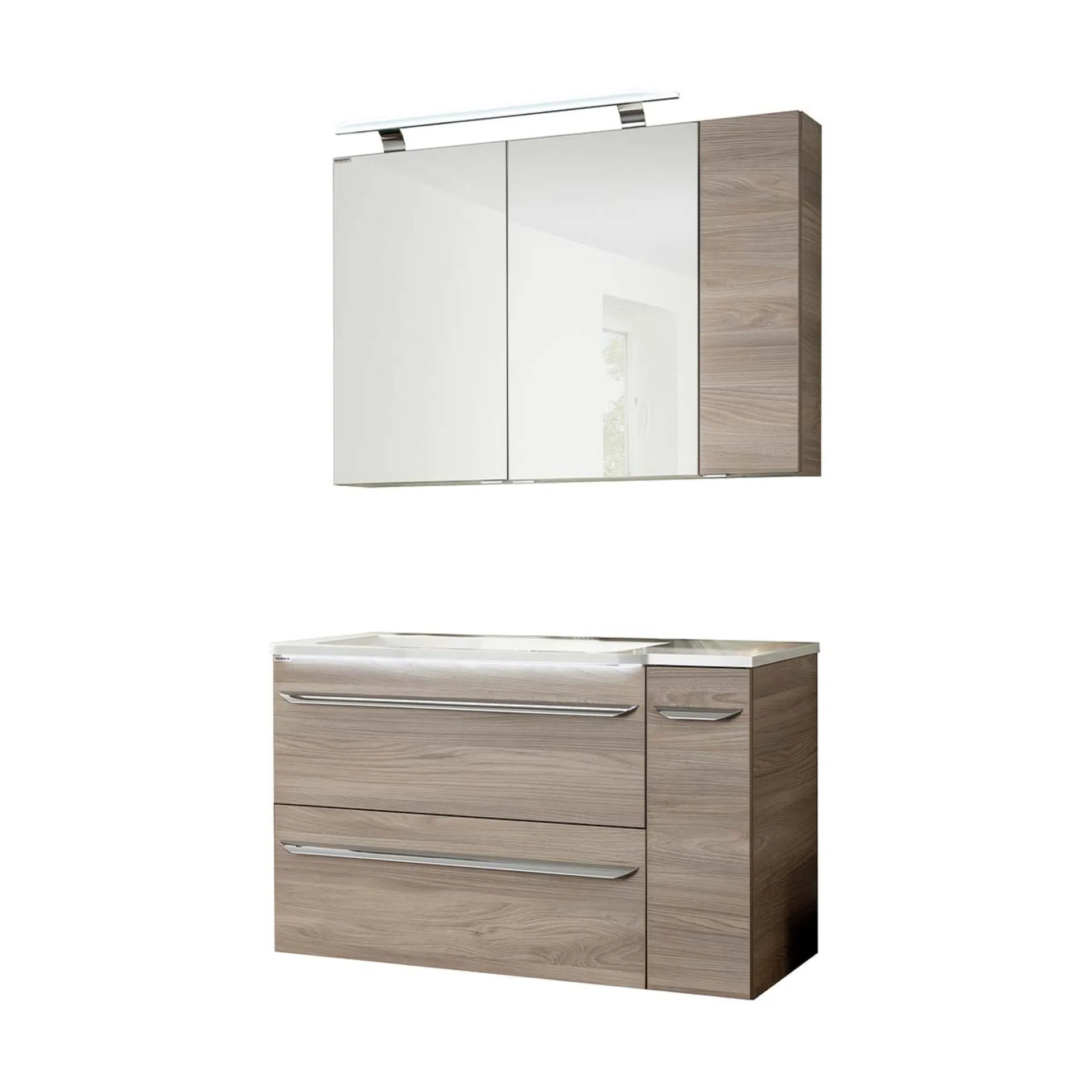 FACKELMANN LUXOR Badmöbel Set 5-teilig 100 cm breit, Braun hell, Waschbecken Gussmarmor Weiß + LED Spiegelschrank + Unterschrank + Hängeschrank Türanschlag rechts