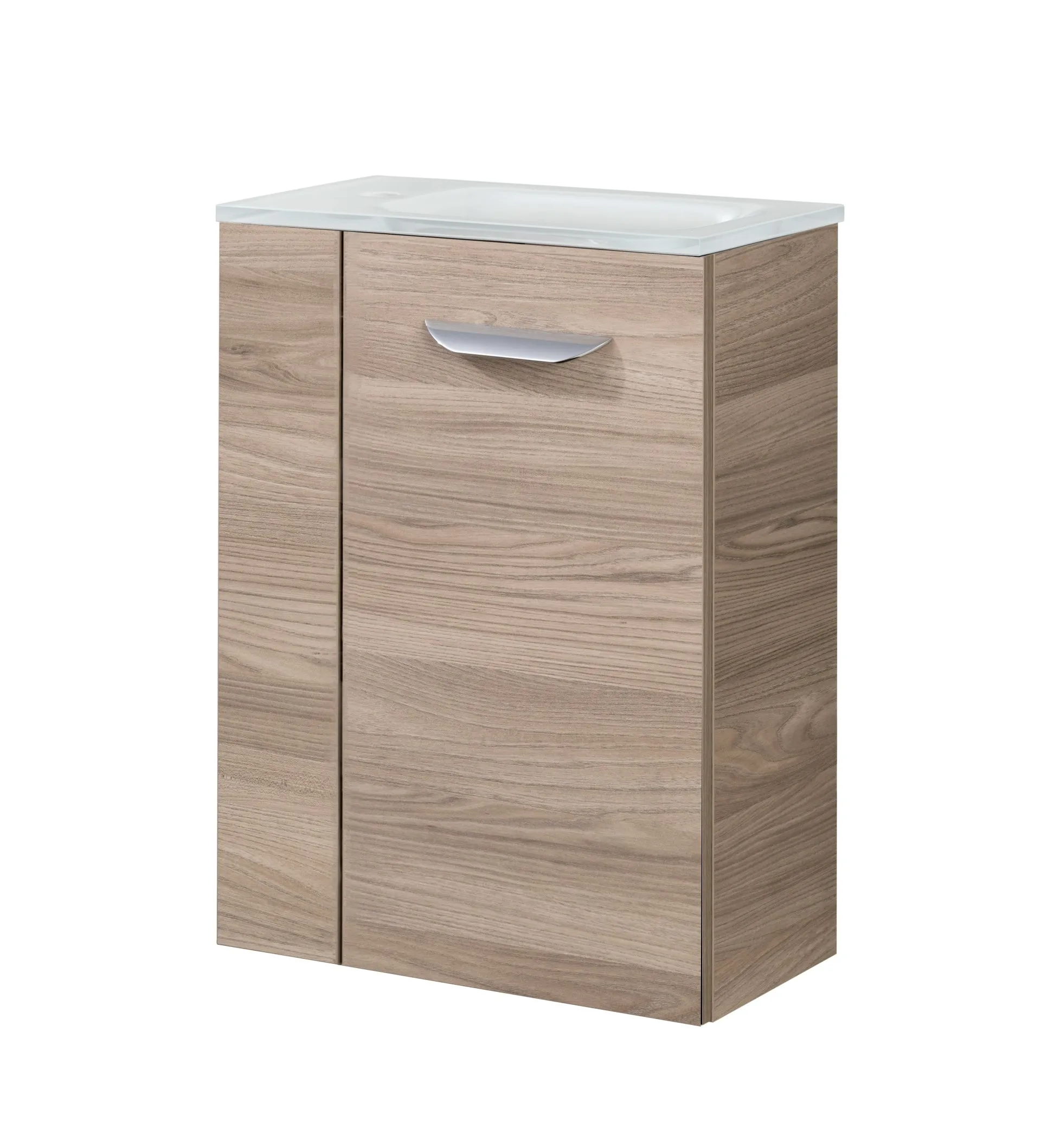 FACKELMANN SBC LUXOR Gäste WC Waschtisch Set 45 cm breit, Braun hell, Waschbecken Glas Weiß, Türanschlag rechts