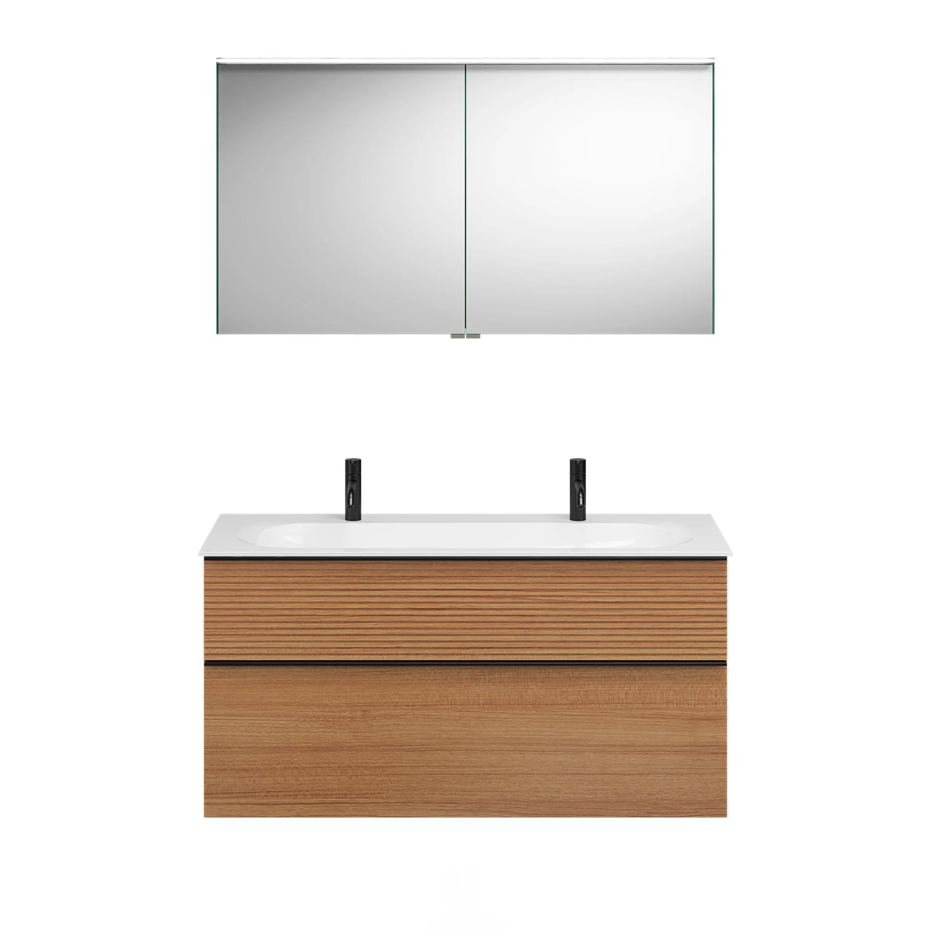 Burgbad FIUMO Waschtisch Set mit Spiegelschrank 122 cm breit, Braun, Doppelwaschbecken Gussmarmor Weiß