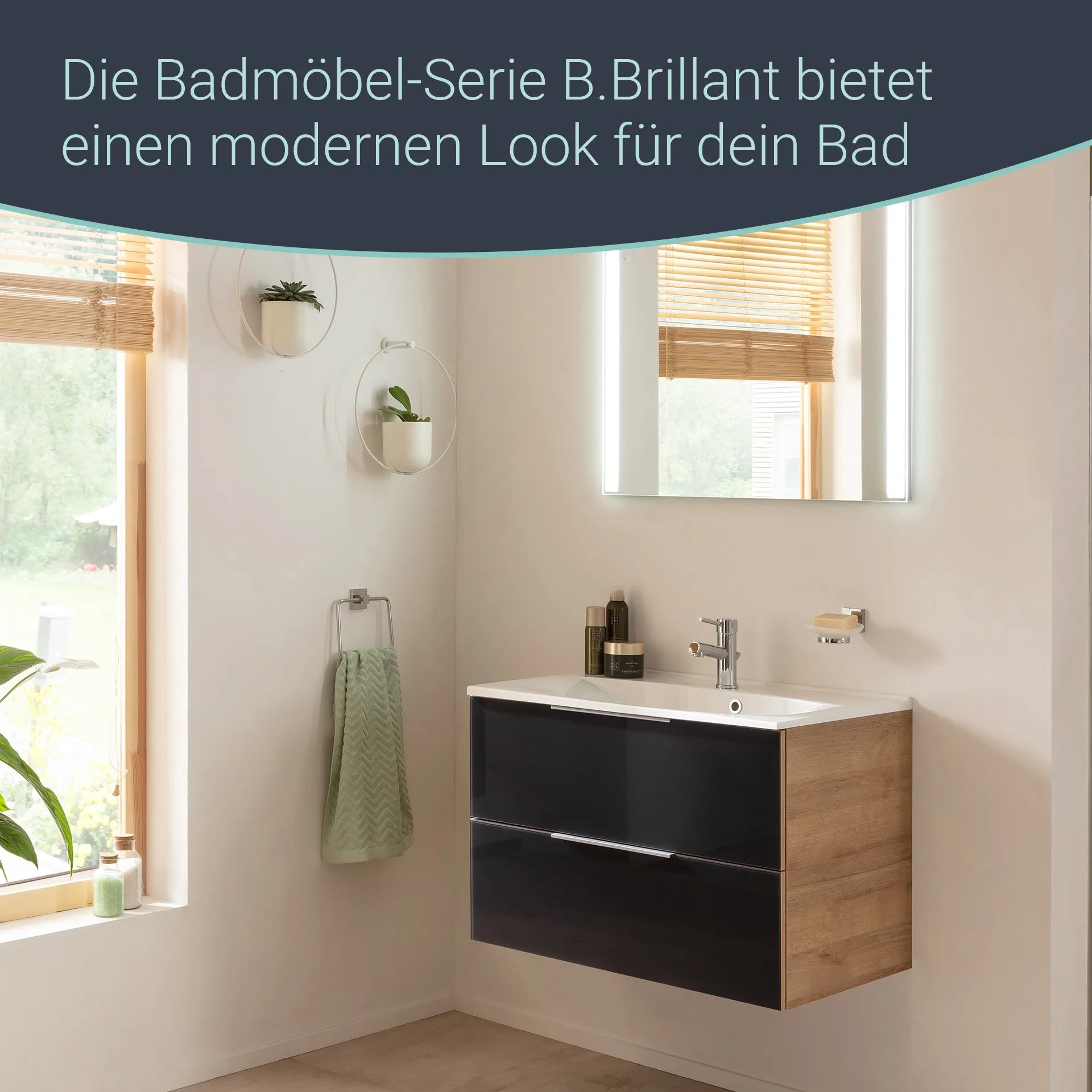 FACKELMANN B.BRILLANT Waschbecken mit Unterschrank 80 cm breit, Anthrazit Glas/Braun hell, Waschbecken Gussmarmor Weiß