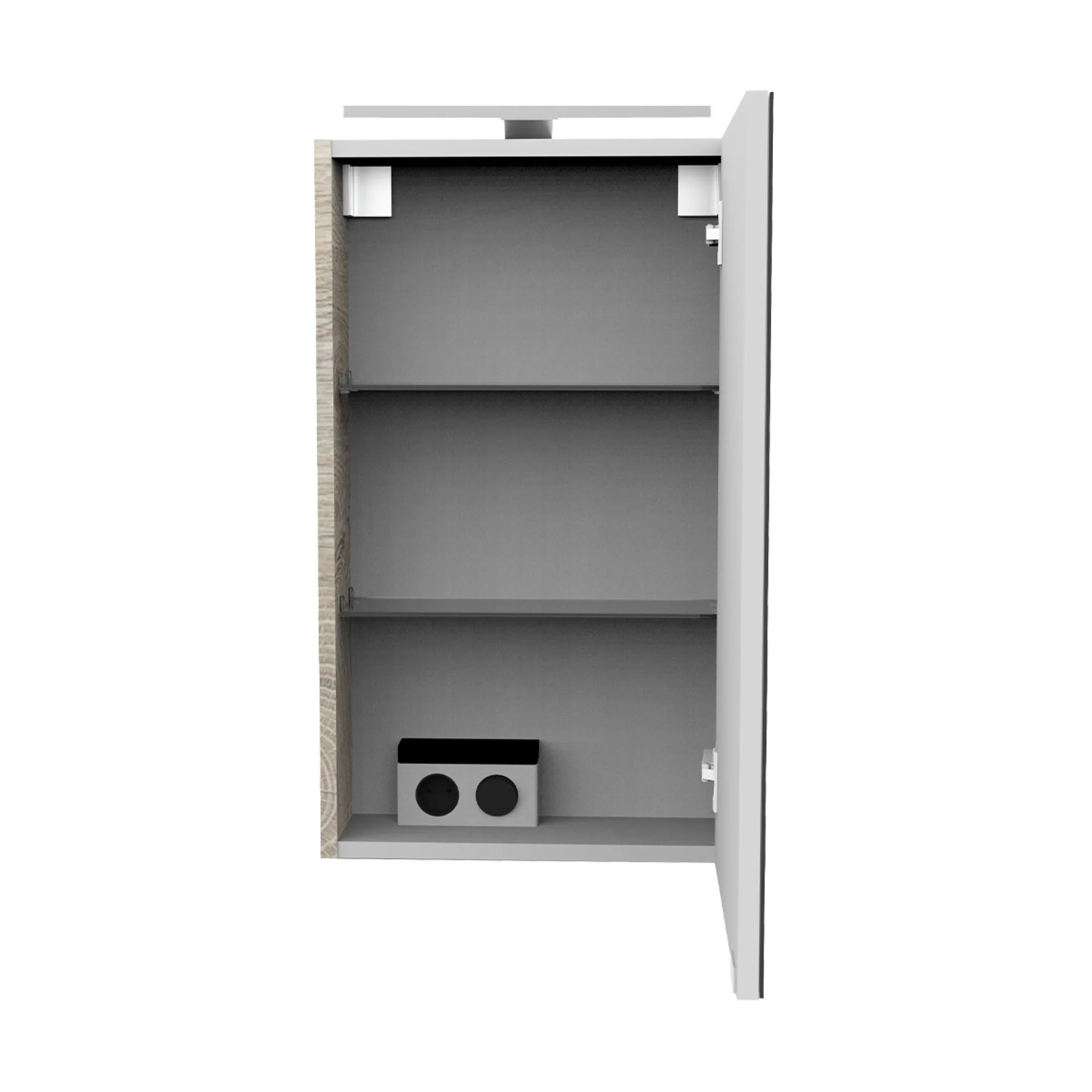 FACKELMANN SBC STANFORD Gäste WC Spiegelschrank 40 cm breit, Braun hell, Türanschlag rechts + Aufsatzleuchte