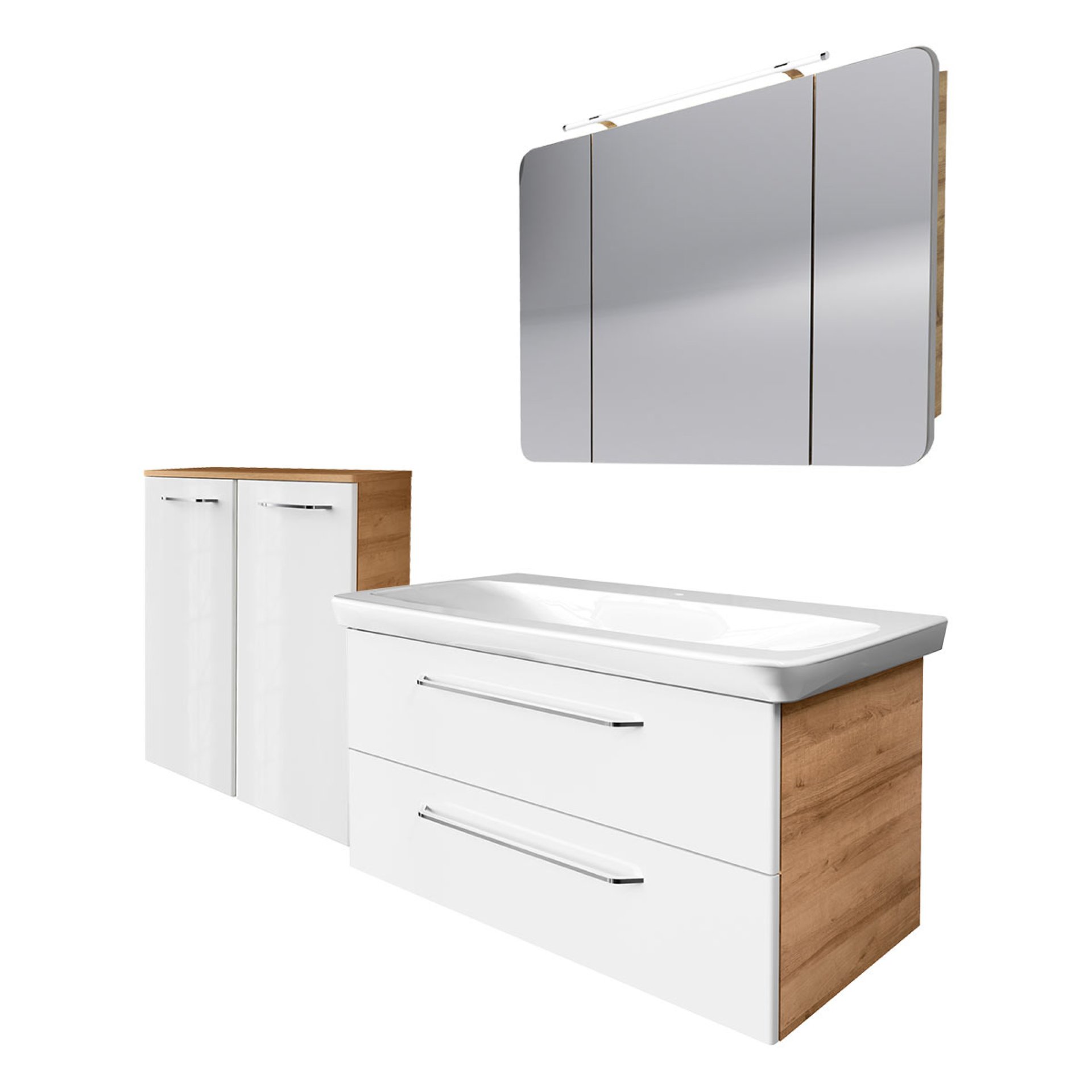 FACKELMANN MILANO Badmöbel Set 4-teilig, 107 cm breit, Braun hell/Weiß, Waschbecken Keramik+Spiegelschrank+Doppel-Midischrank