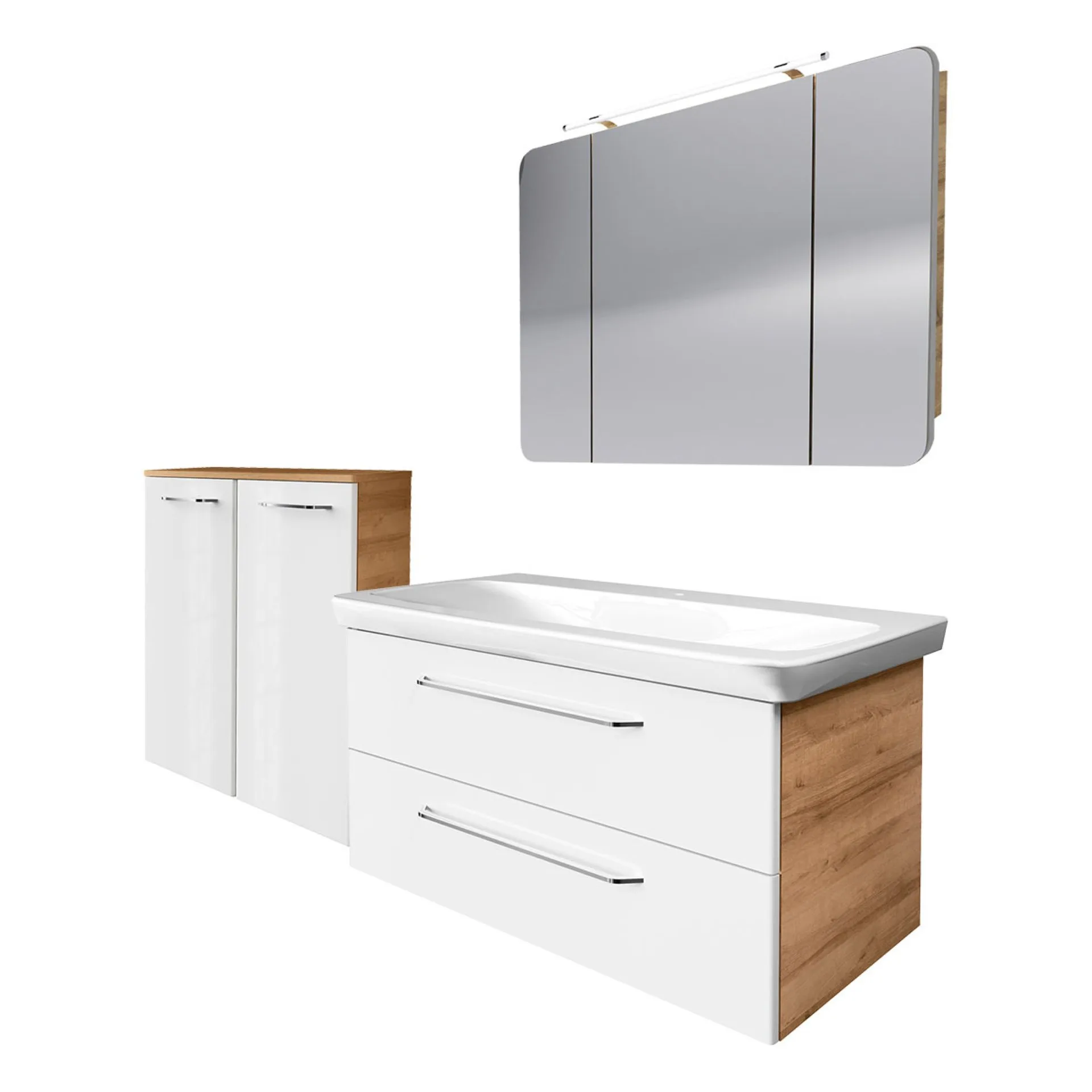 FACKELMANN MILANO Badmöbel Set 4-teilig 107 cm breit, Weiß/Braun hell, Waschbecken Keramik Weiß + LED Spiegelschrank + Doppel Midischrank