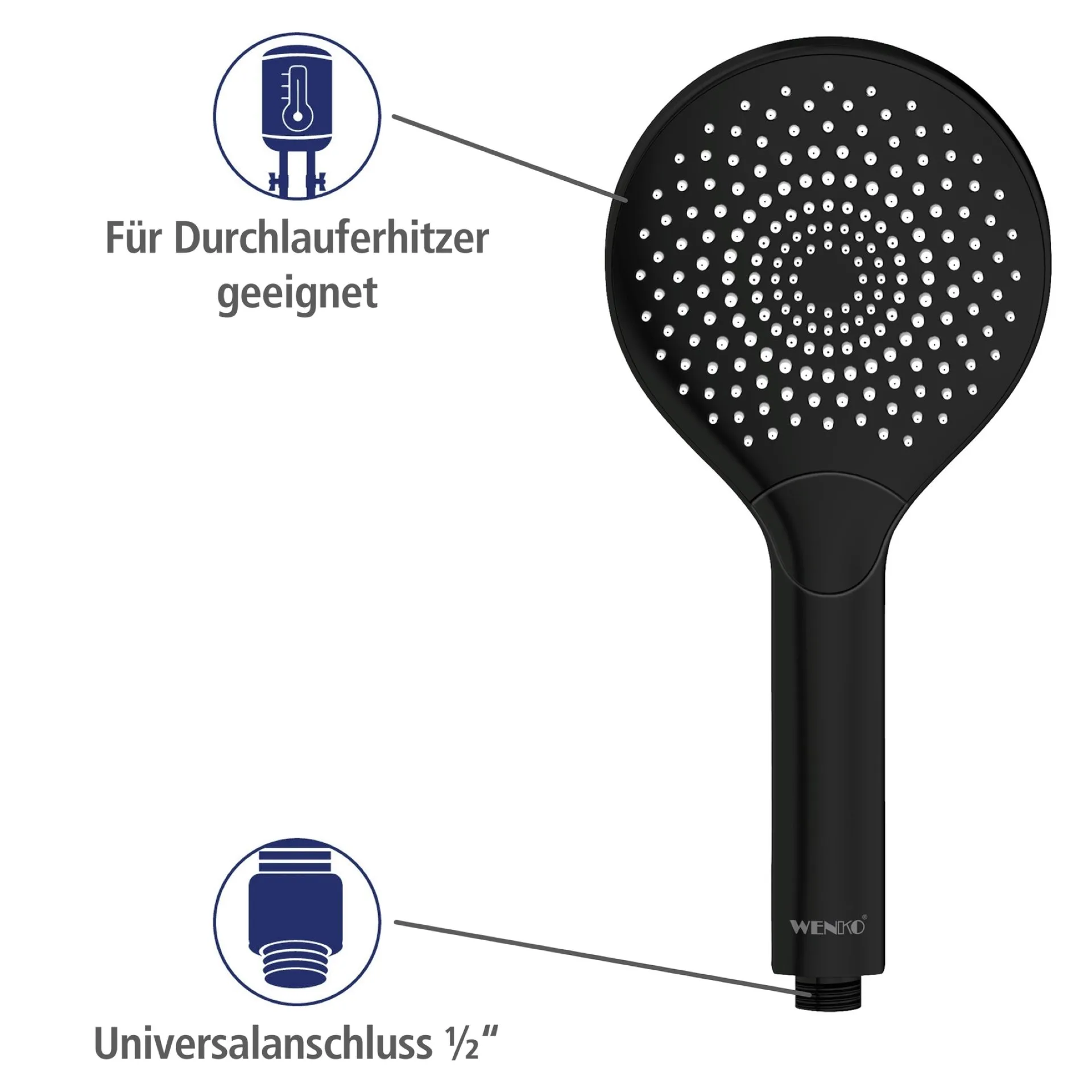 WENKO Duschkopf Ø 12 cm, Schwarz, mit Wassersparsystem, 3 verschiedene Wasserstrahlarten