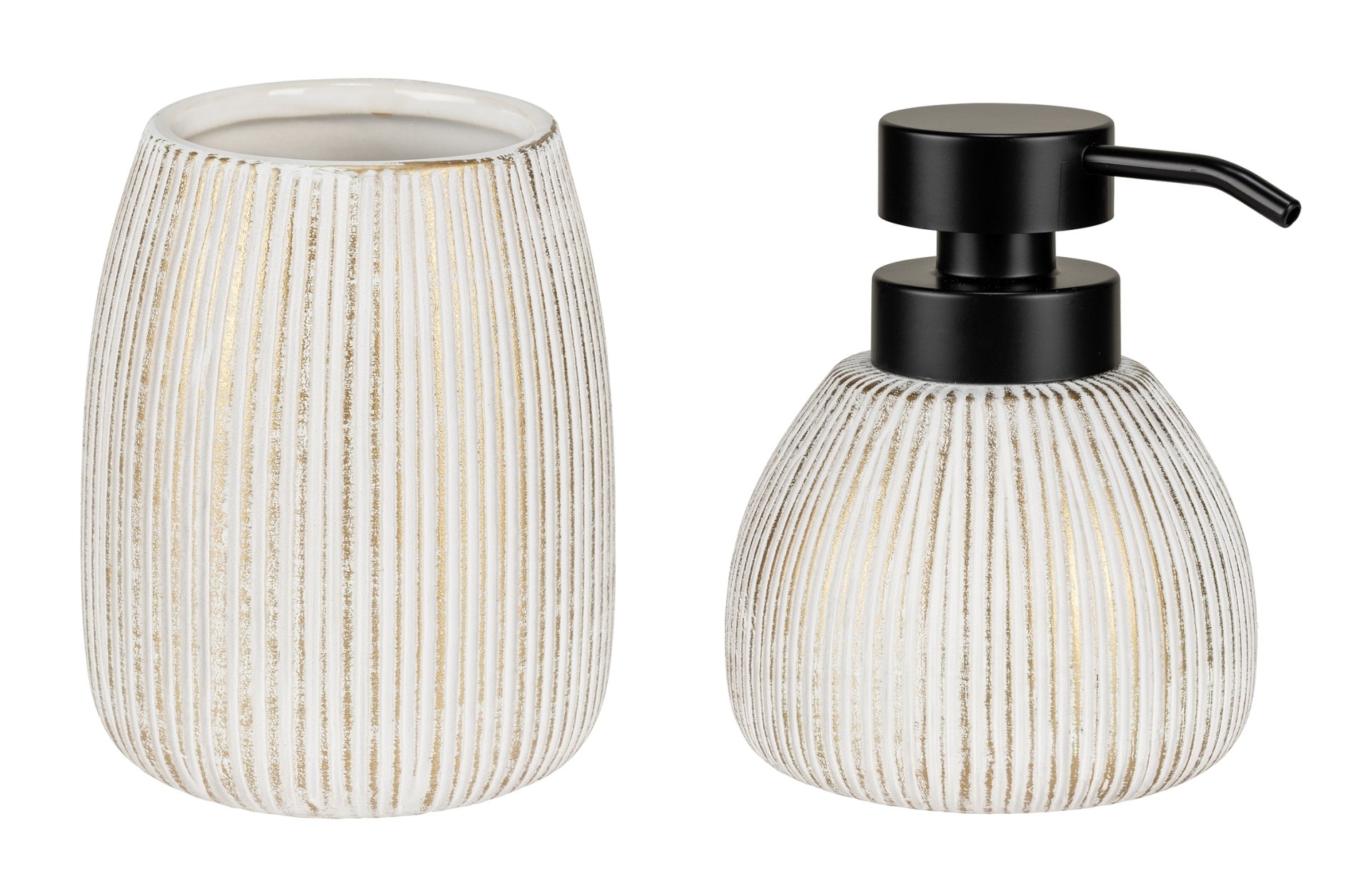 WENKO PASCOLI Accessoire Set, Weiß/Gold, Zahnputzbecher, Seifenspender, Keramik