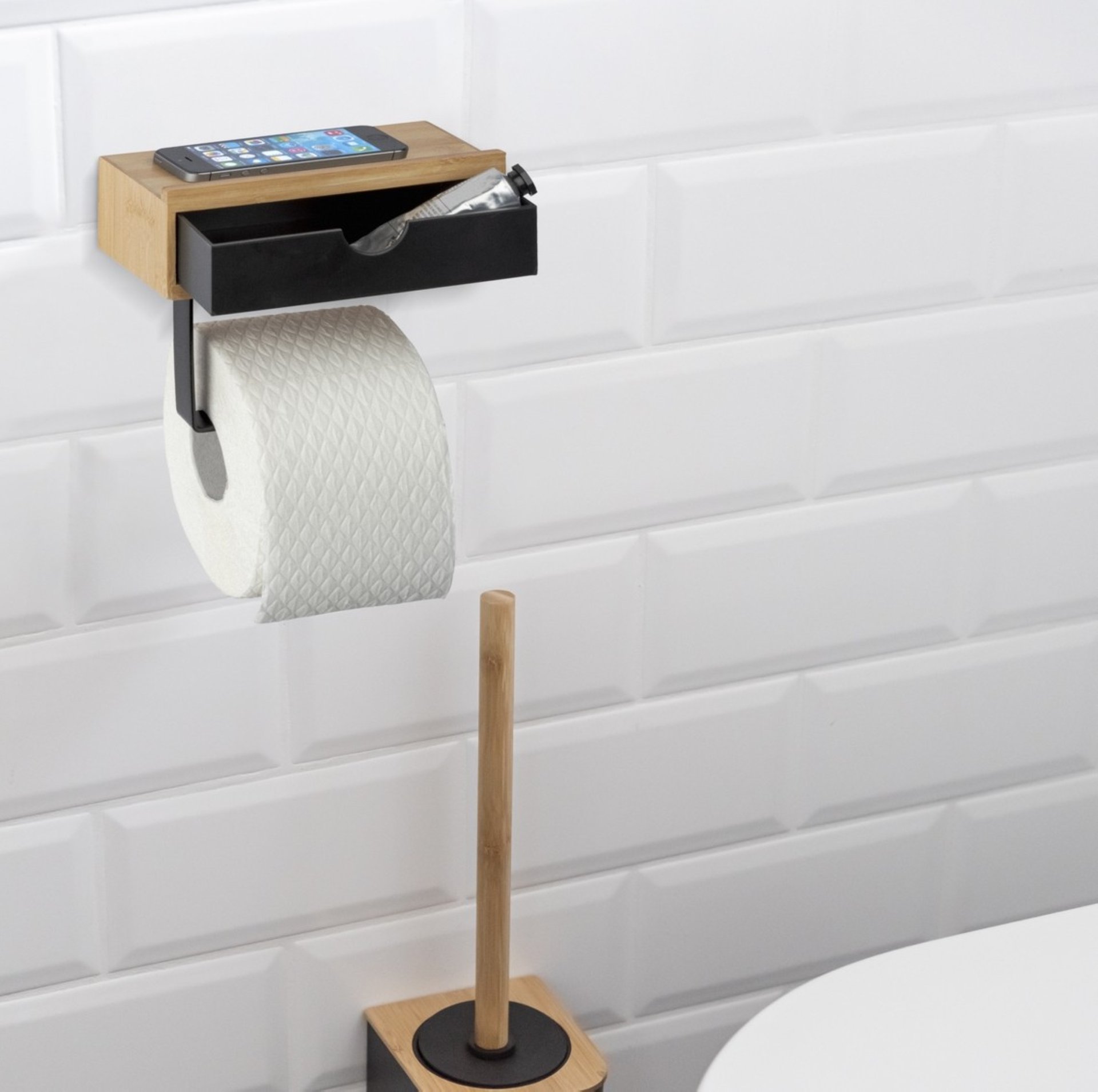 WENKO BAMBUSA Toilettenpapierhalter, Braun/Schwarz, mit Schublade