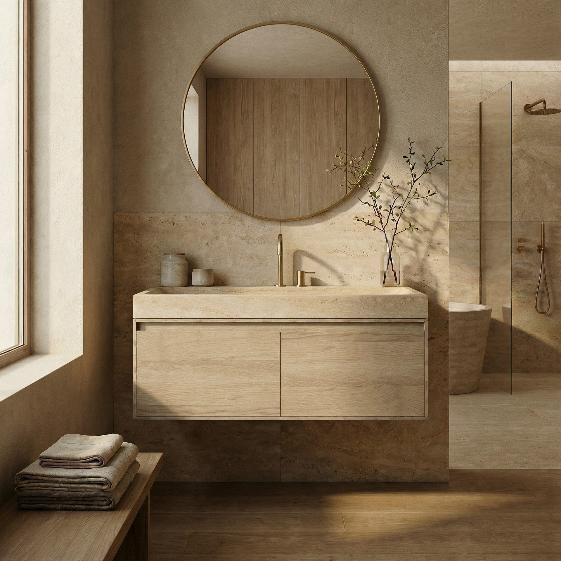 FORZALAQUA IBIZA BELLEZZA Waschbecken mit Unterschrank 120 cm breit, Braun hell, Natursteinwaschbecken Travertin matt mit Hahnloch, 2 Schubladen