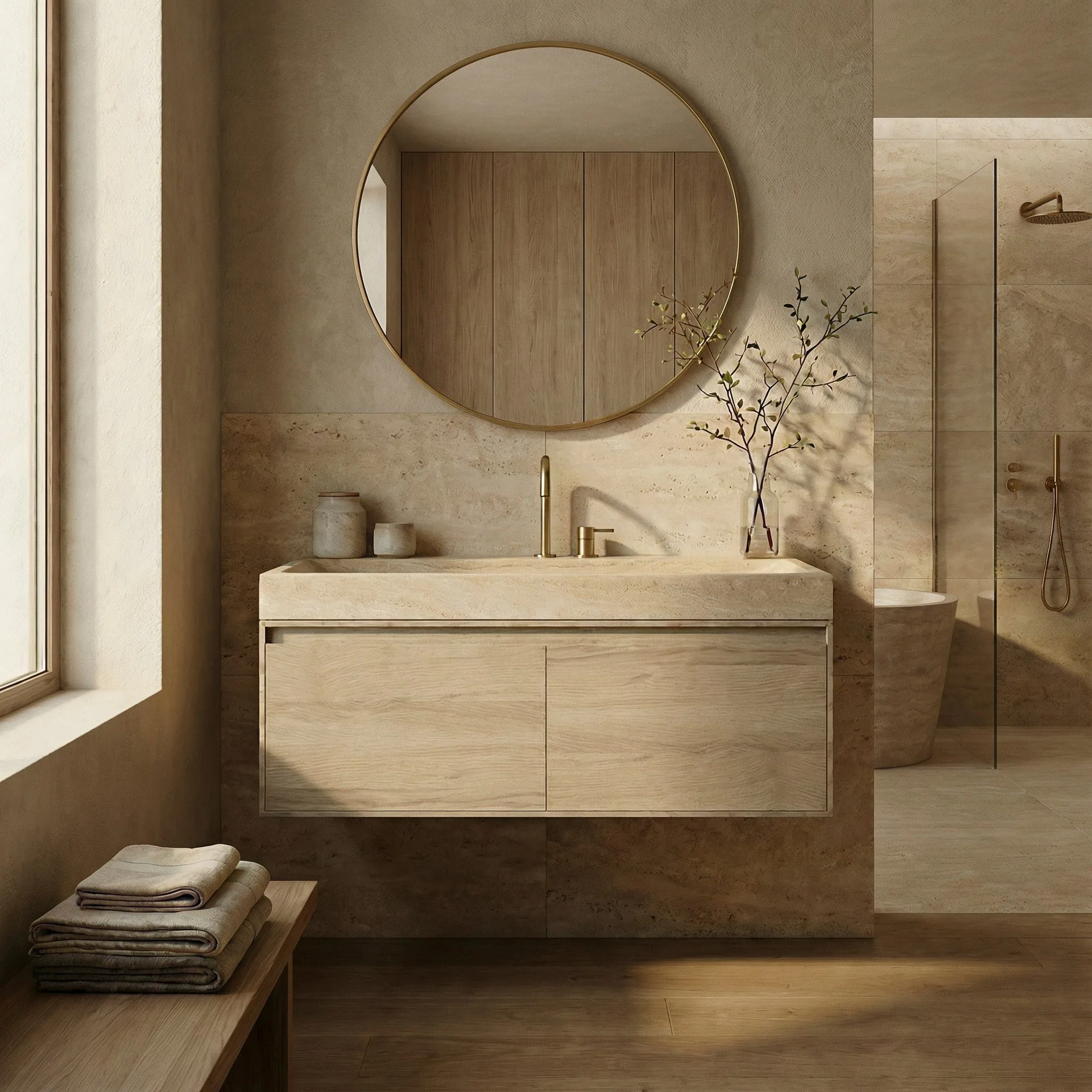 FORZALAQUA IBIZA BELLEZZA Waschbecken mit Unterschrank 120 cm breit, Braun hell, Natursteinwaschbecken Travertin matt mit Hahnloch, 2 Schubladen
