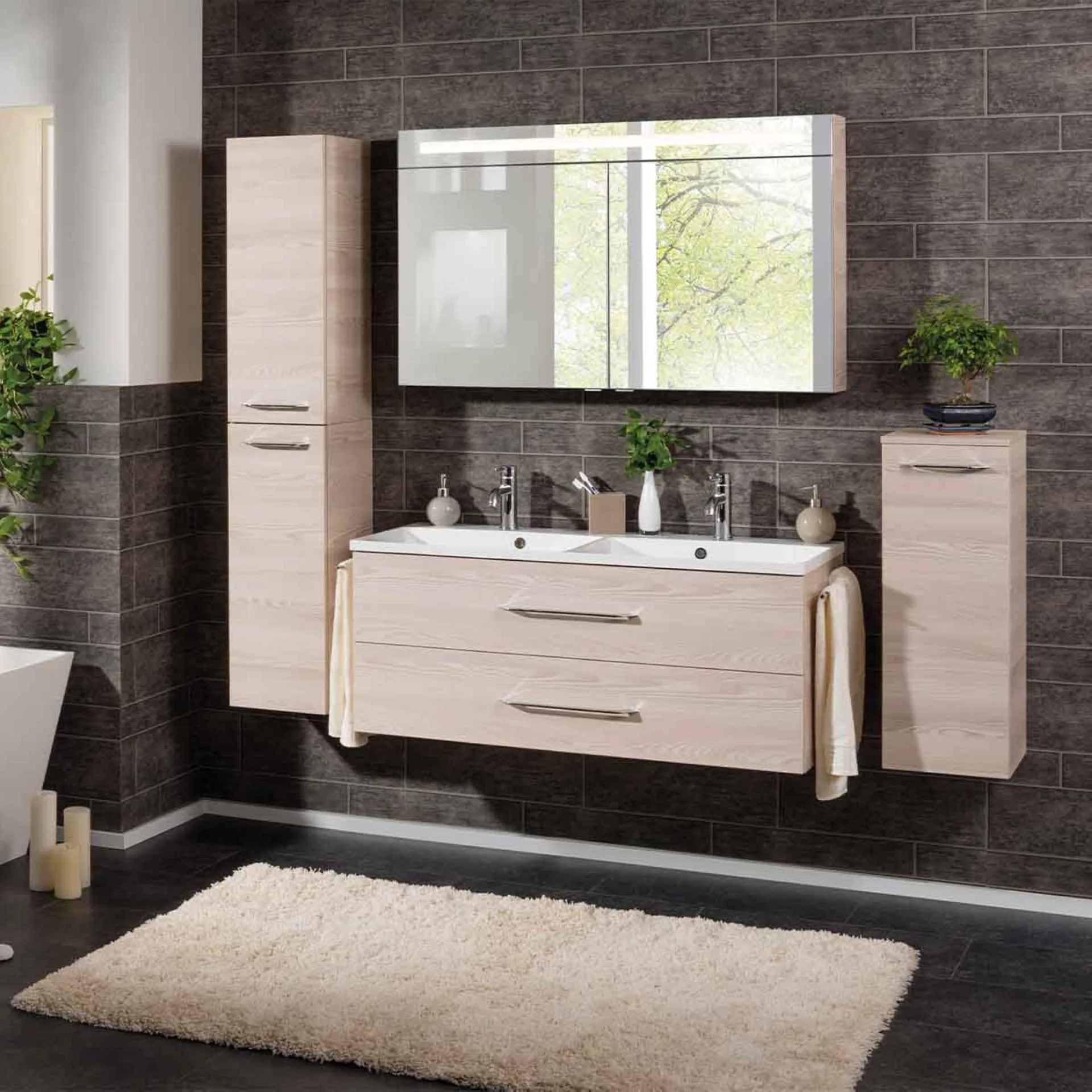 FACKELMANN B.CLEVER Waschbecken mit Unterschrank 120 cm, Braun hell, Doppelwaschbecken Gussmarmor Weiß