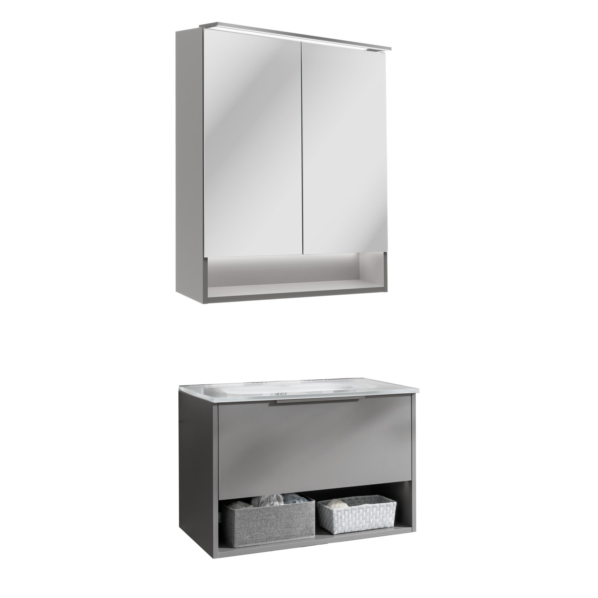 FACKELMANN B.PARIS Waschtisch Set mit Spiegelschrank 70 cm breit, Grau, Waschbecken Glas Weiß