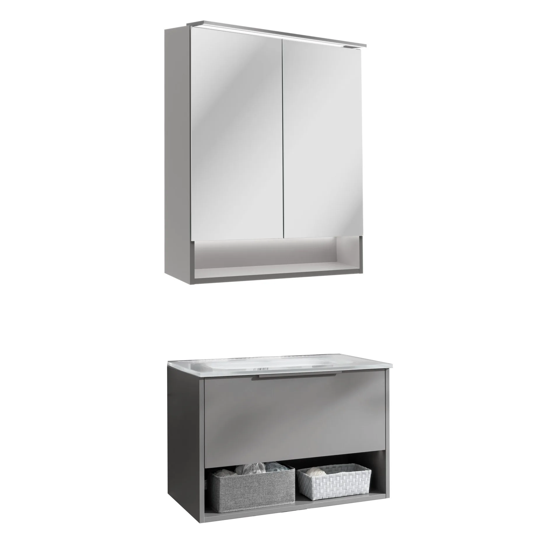 FACKELMANN B.PARIS Waschtisch Set mit Spiegelschrank 70 cm breit, Grau, Waschbecken Glas Weiß
