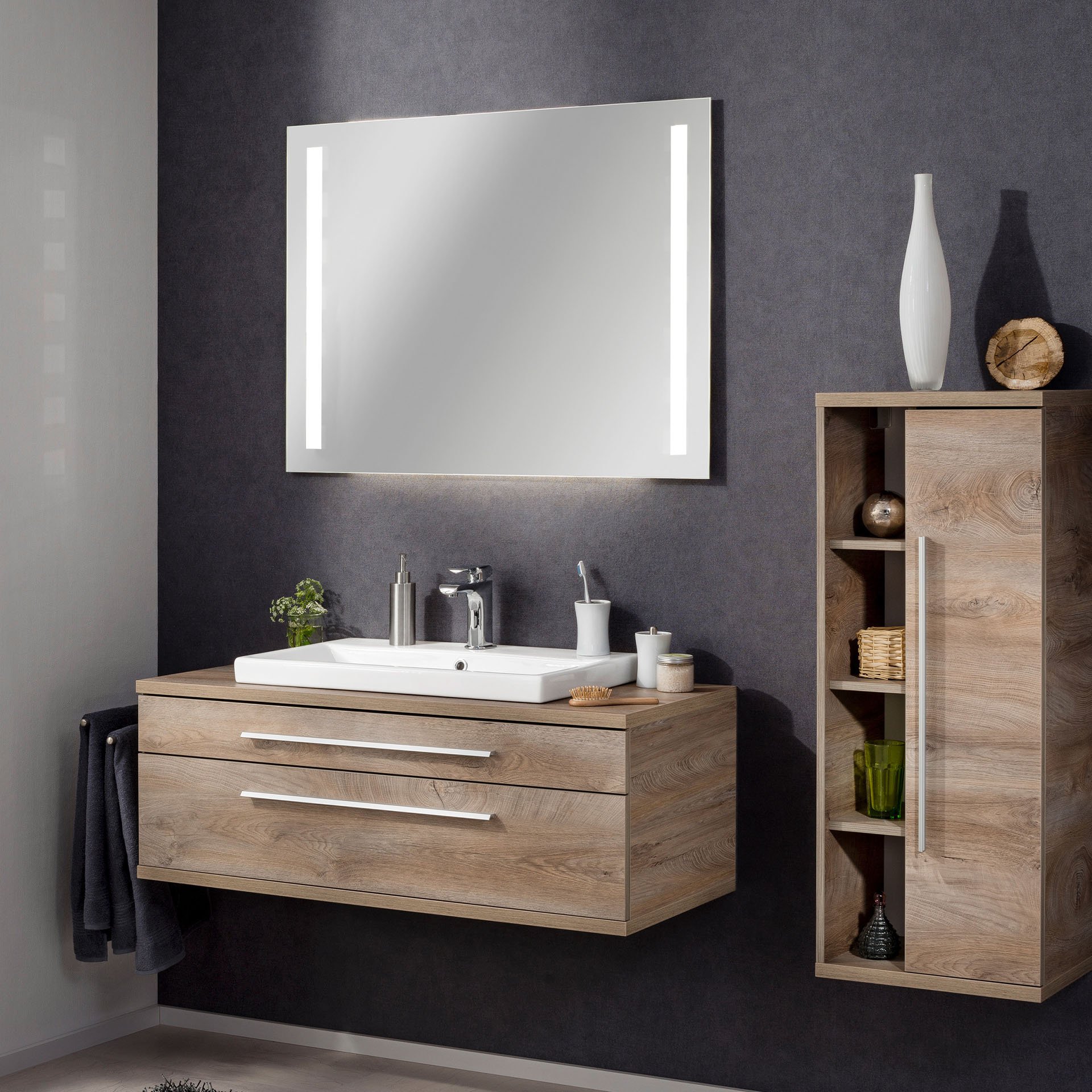 Fackelmann STANFORD Badmöbel Set 3-teilig,110 cm breit, Braun, Keramik + LED-Spiegel