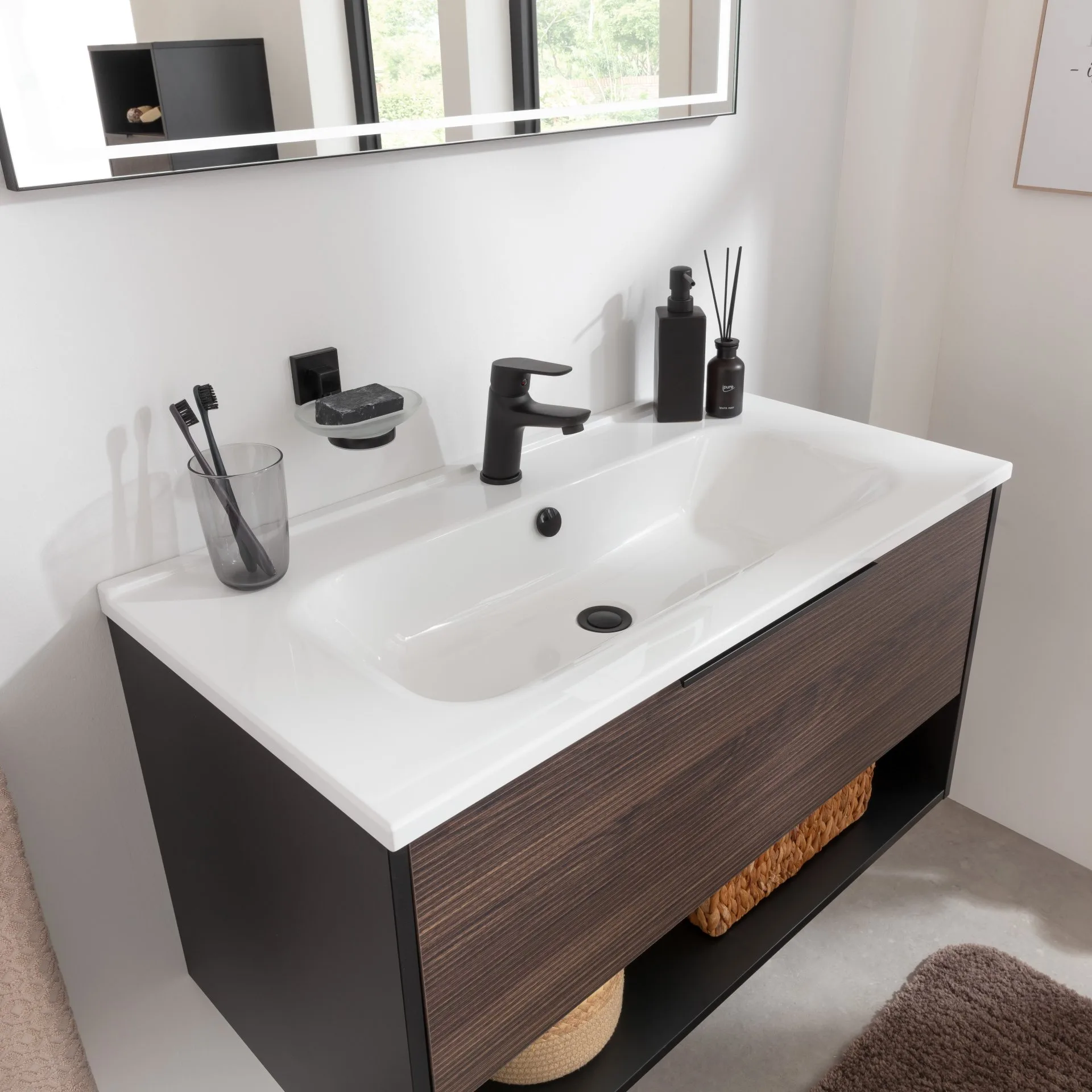 FACKELMANN B.PARIS Waschbecken mit Unterschrank 90 cm breit, Braun Dunkel/Schwarz, Waschbecken Gussmarmor Weiß