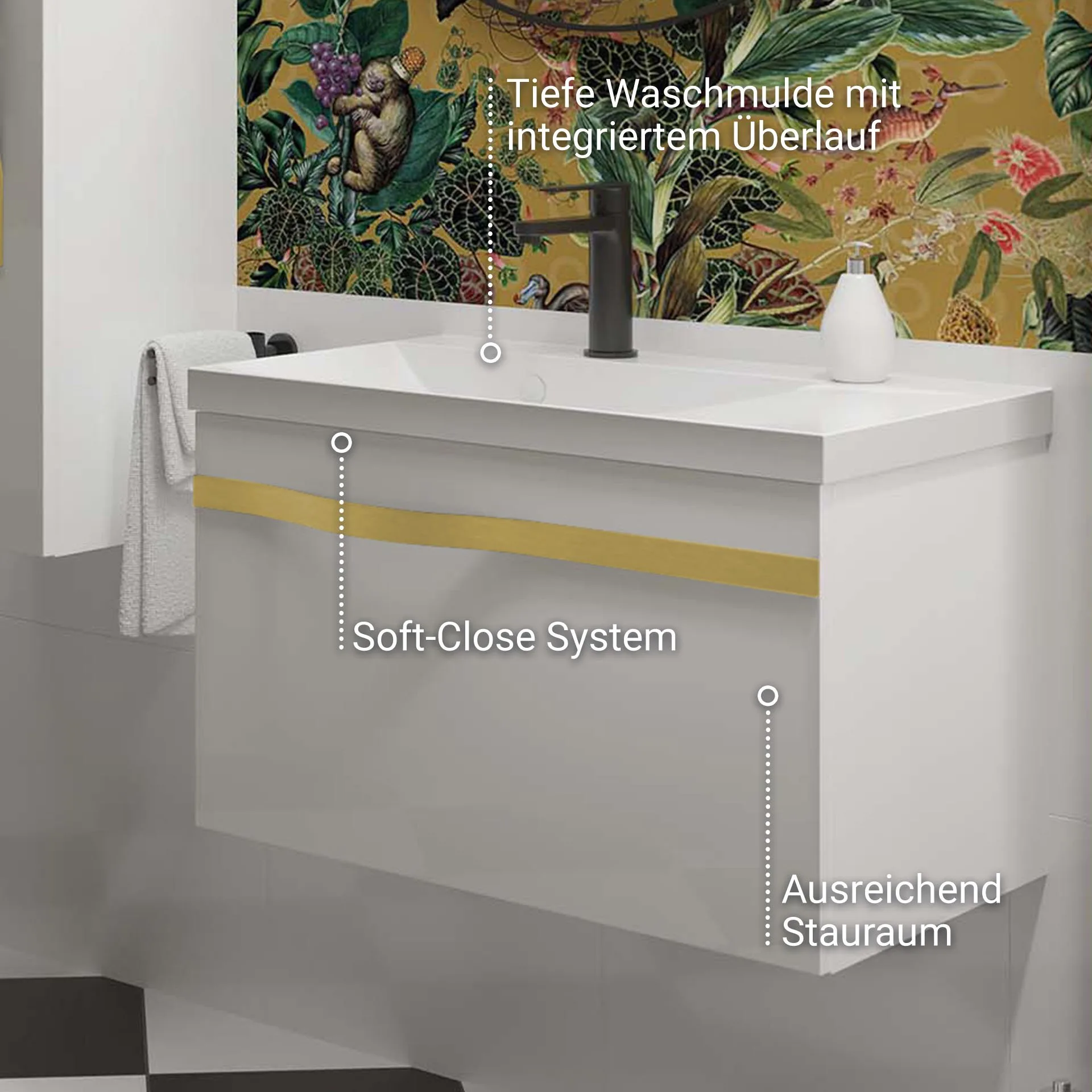 BADEDU FILS Waschbecken mit Unterschrank 69 cm breit, Weiß, Waschbecken Gussmarmor Weiß, Griff Gold