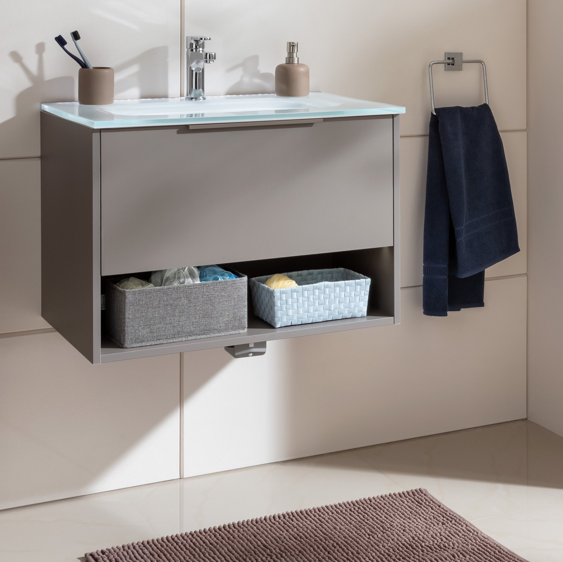 Fackelmann B.PARIS Badmöbel Set 2-teilig 70 cm breit, Grau, Glas weiß