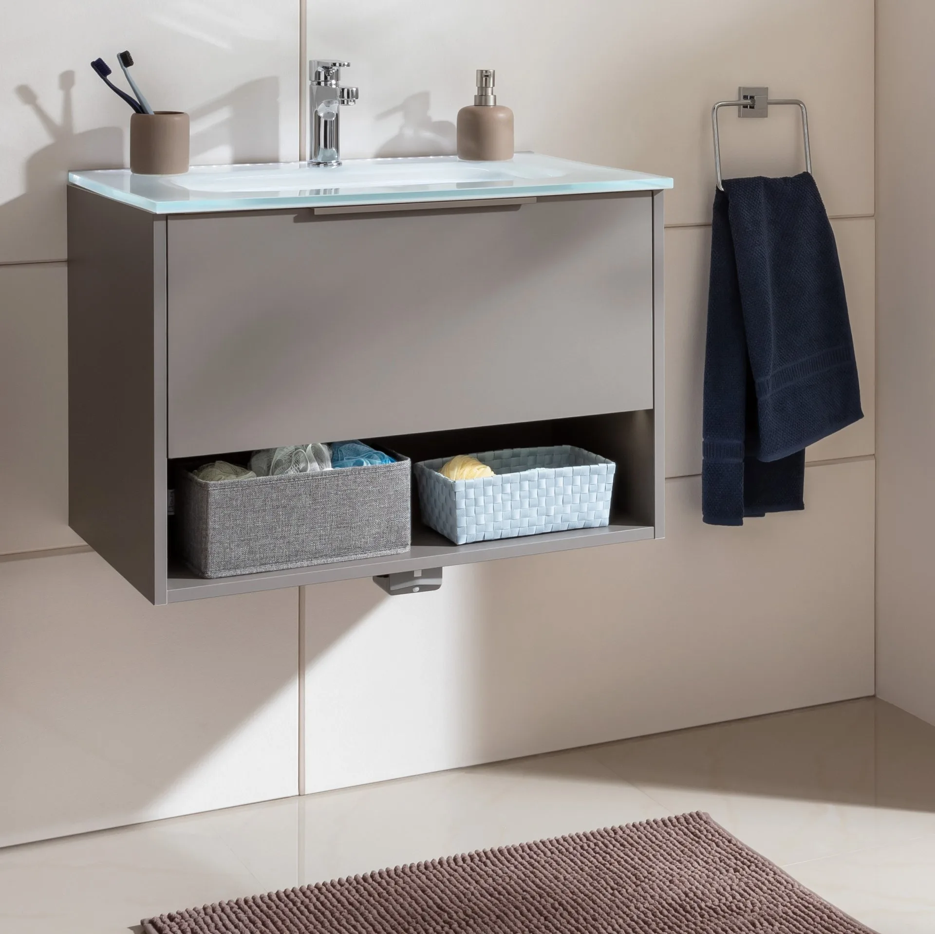 FACKELMANN B.PARIS Waschbecken mit Unterschrank 70 cm breit, Grau, Waschbecken Glas Weiß