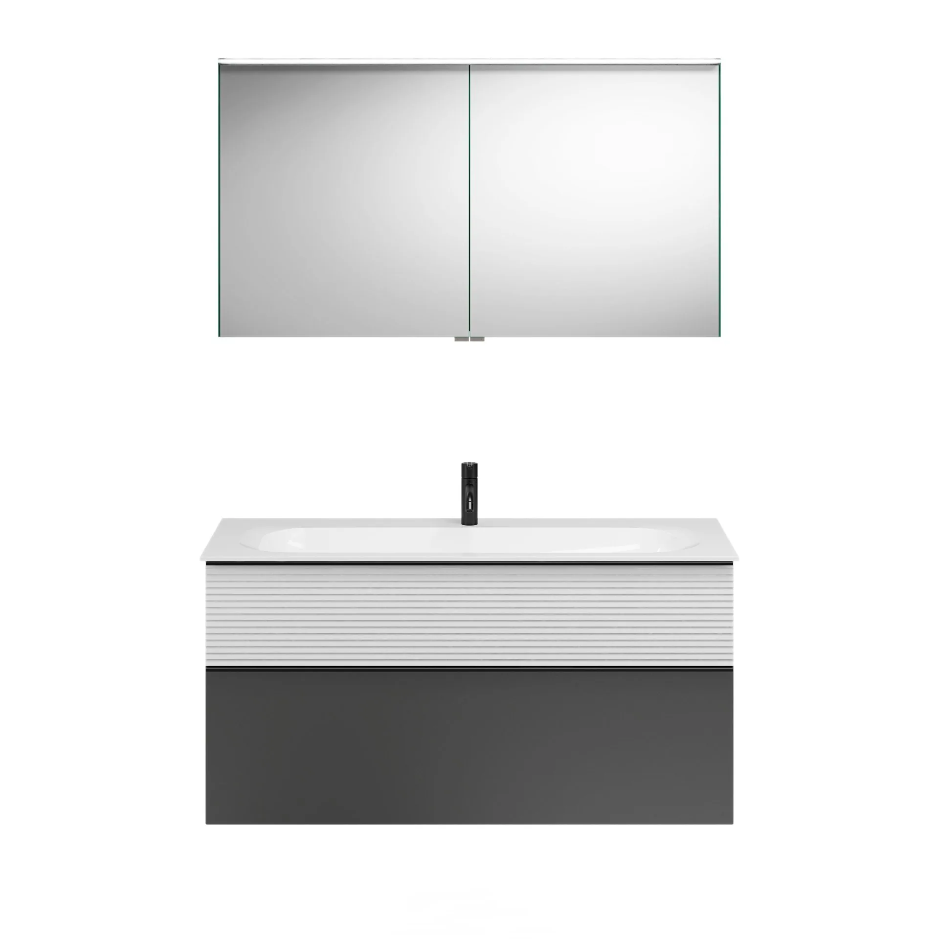 Burgbad FIUMO Waschtisch Set mit Spiegelschrank 122 cm breit, Weiß/Anthrazit, Waschbecken Gussmarmor Weiß
