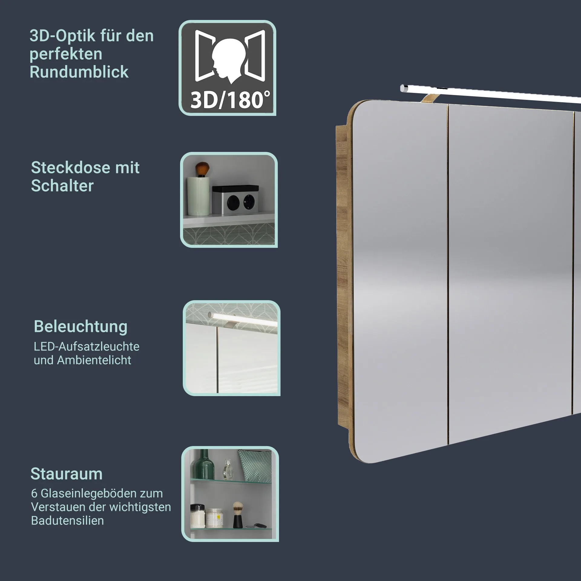 FACKELMANN MILANO Badmöbel Set 4-teilig 88 cm breit, Braun hell, Waschbecken Keramik Weiß + LED Spiegelschrank + Hochschrank