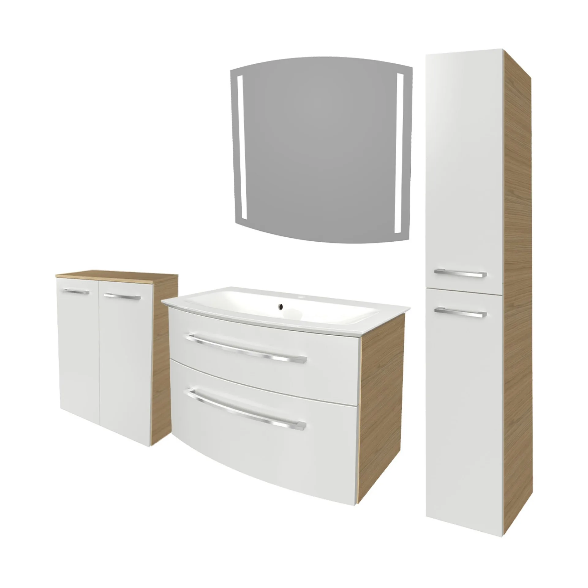 FACKELMANN B.STYLE Badmöbel Set 5-teilig 83 cm breit, Weiß/Braun + LED Spiegel + Doppel Midischrank + Hochschrank