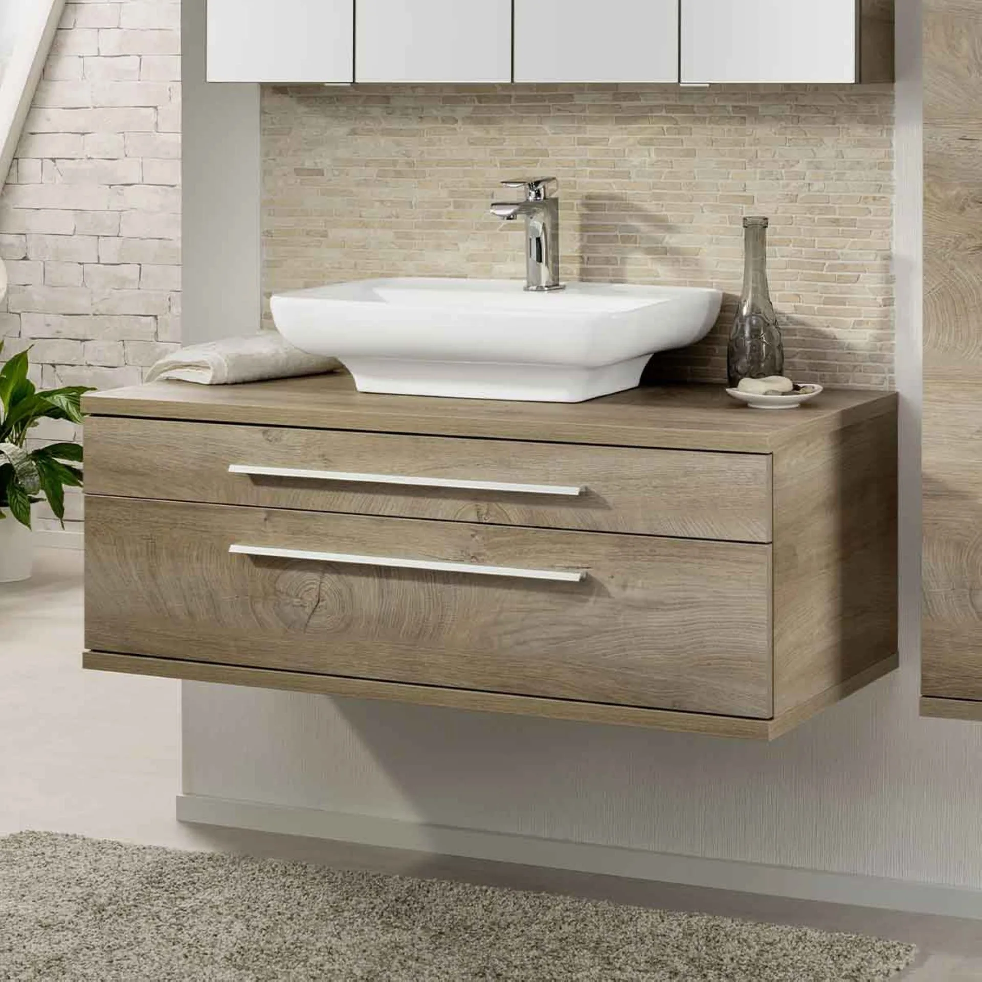 FACKELMANN STANFORD Waschbecken mit Unterschrank 110 cm breit, Braun hell, Aufsatzwaschbecken Keramik Weiß