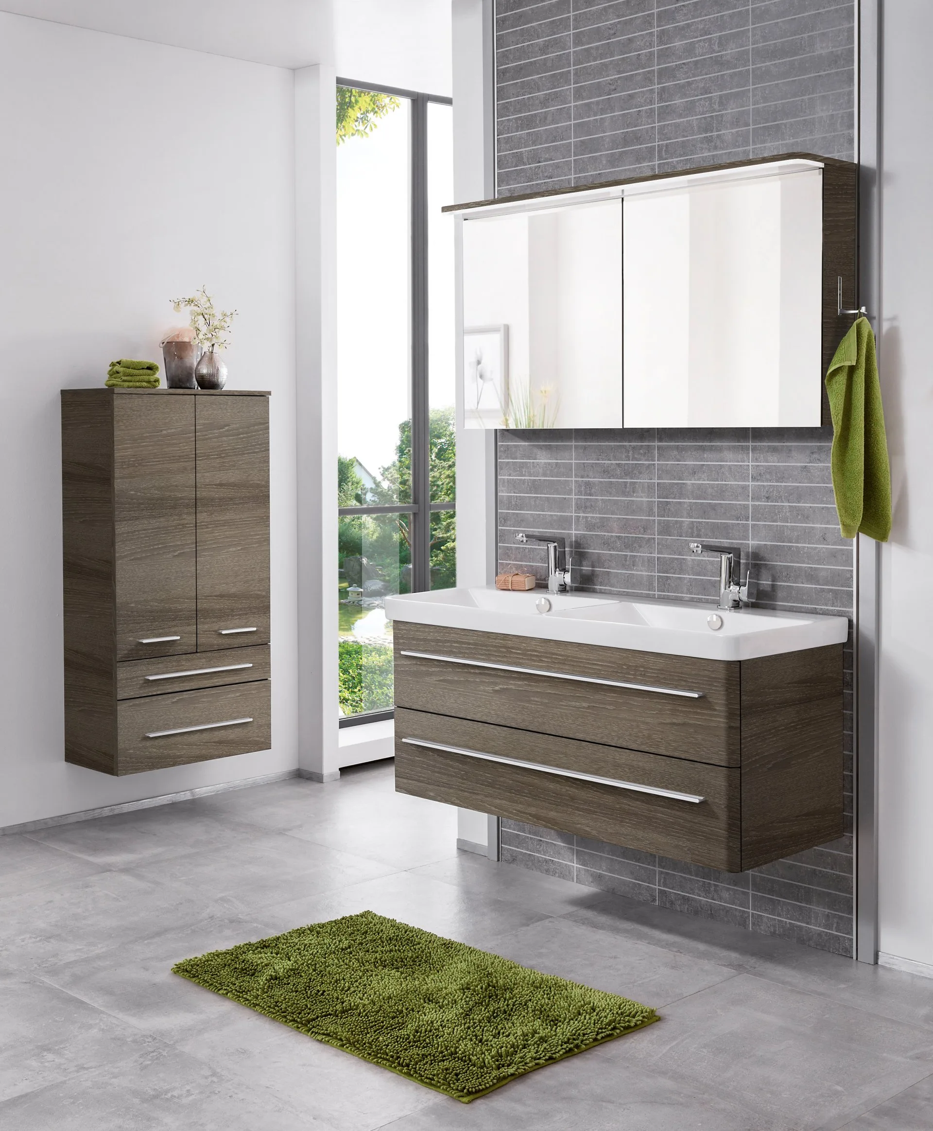 LANZET K8 Waschbecken mit Unterschrank 120 cm breit, Braun dunkel, Doppelwaschbecken Keramik Weiß