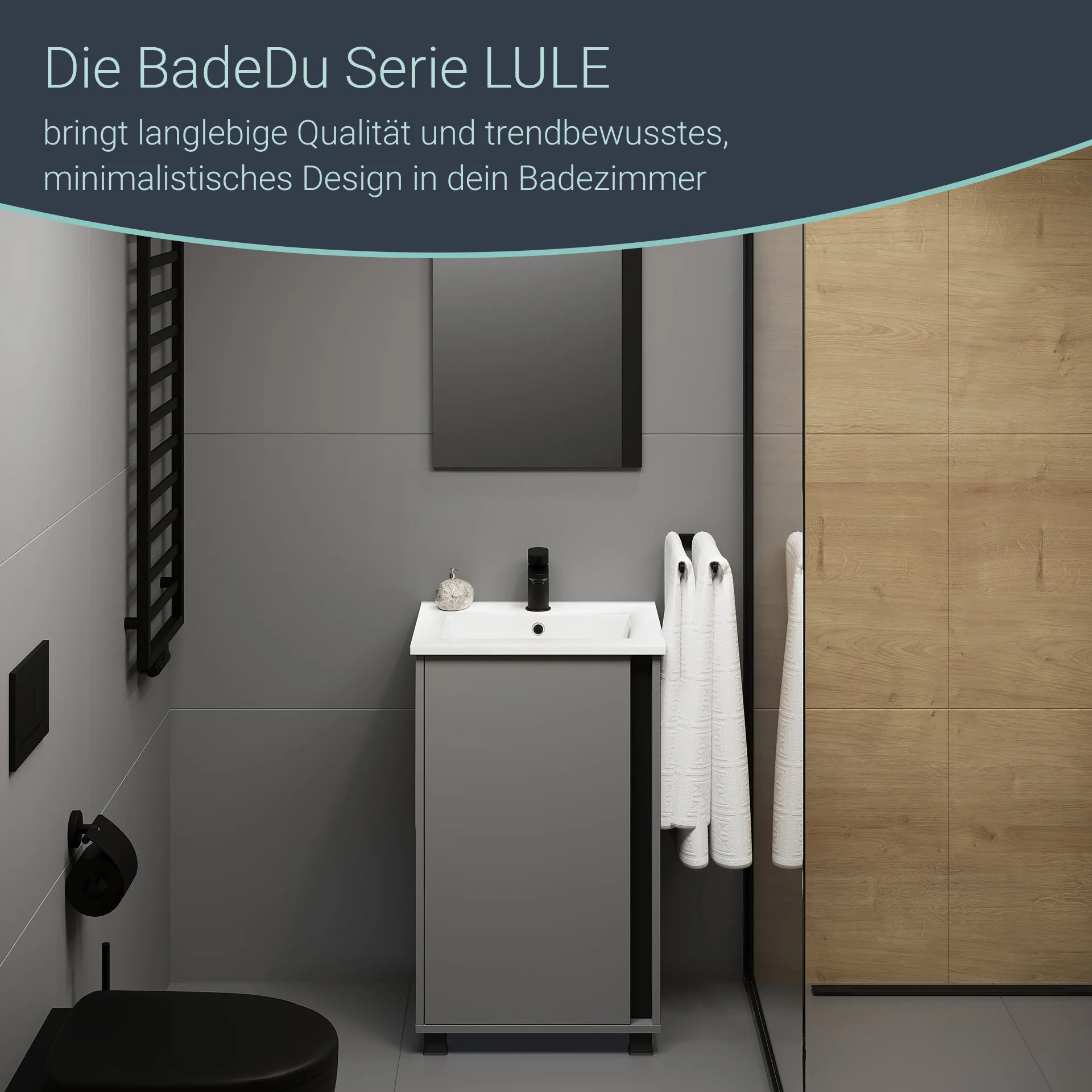 BADEDU LULE Gäste WC Waschtisch Set  51 cm breit, Grau, Waschbecken Keramik Weiß, mit Füßen