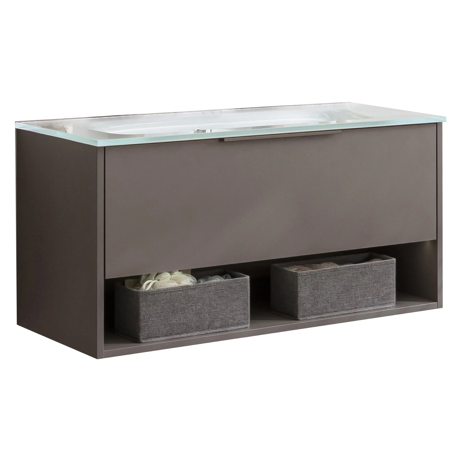 FACKELMANN B.PARIS Waschbecken mit Unterschrank 90 cm breit, Grau, Waschbecken Glas Weiß