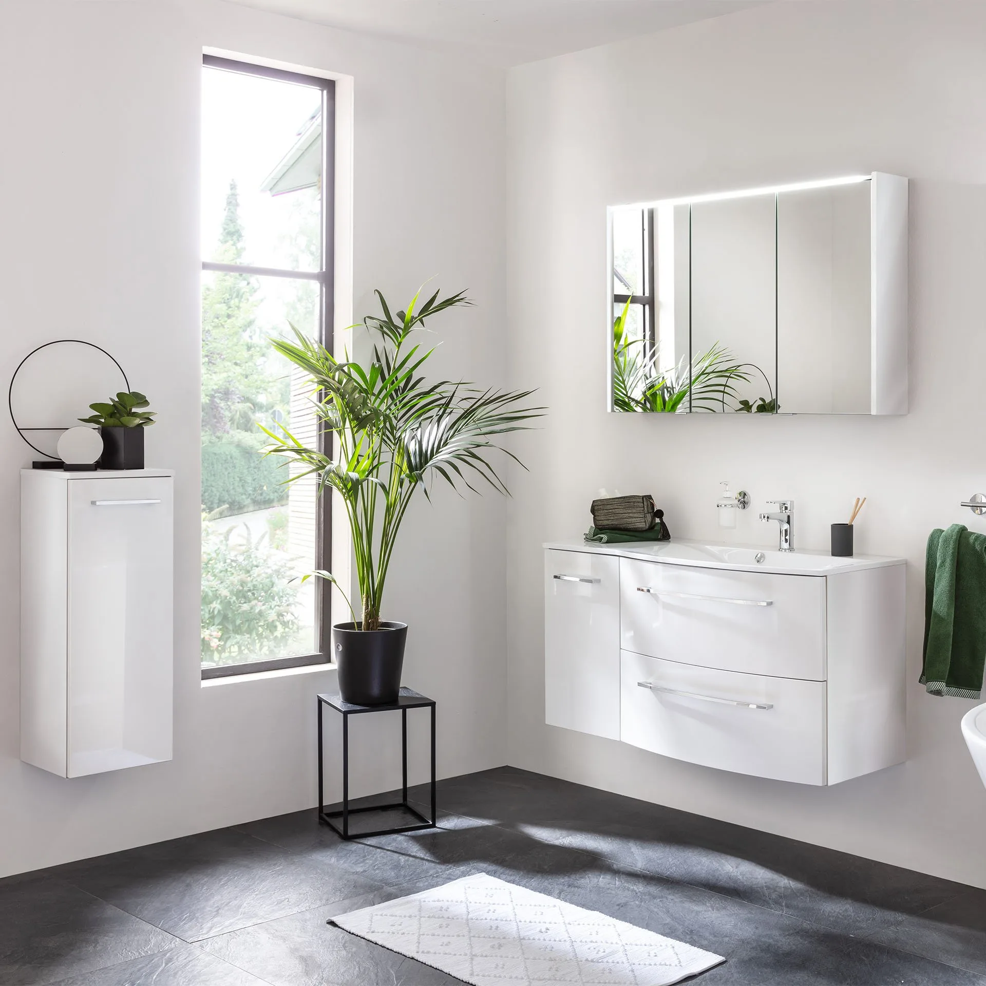 FACKELMANN VERONA Waschbecken mit Unterschrank 115 cm breit, Weiß, Waschbecken Gussmarmor Weiß + Unterschrank Türanschlag links