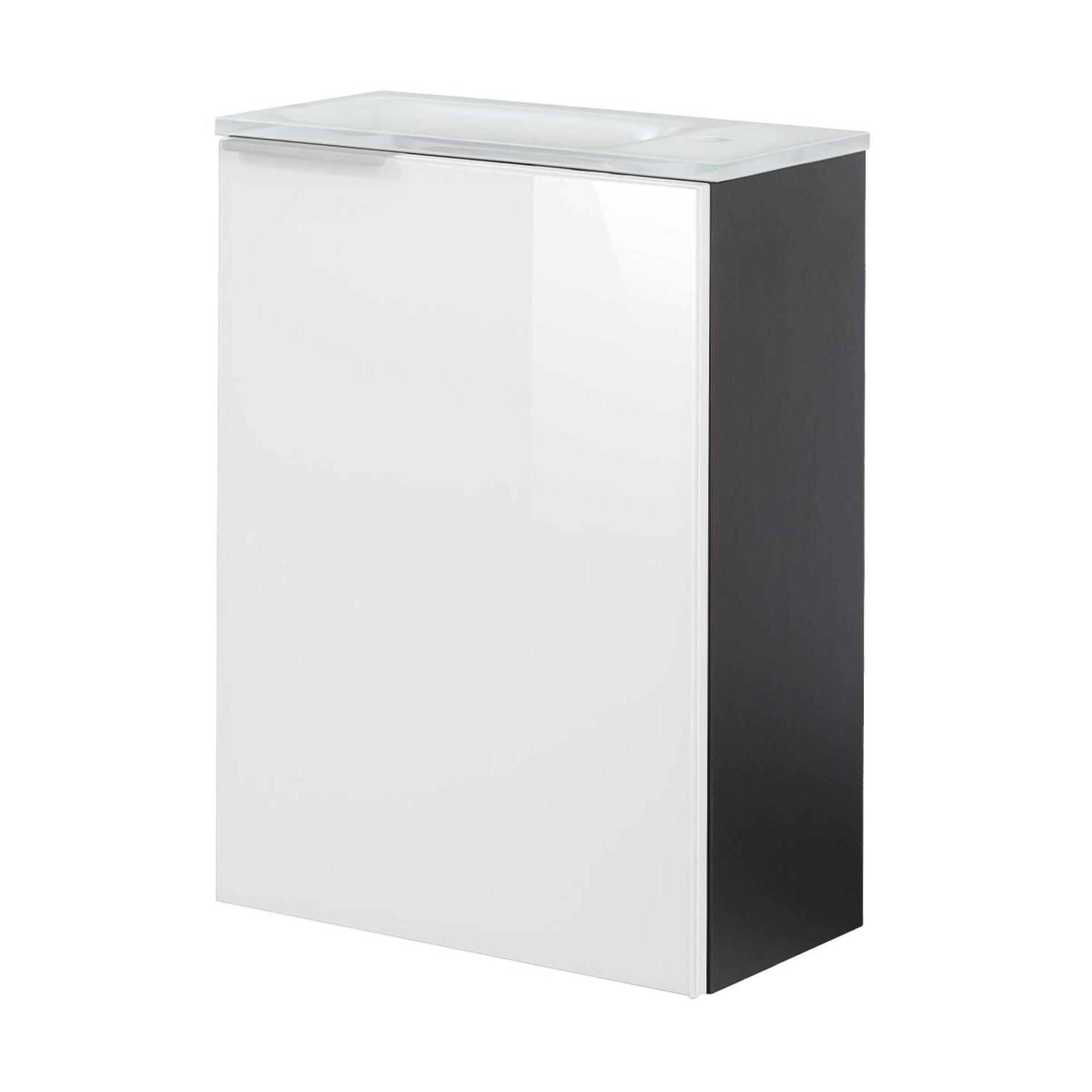 FACKELMANN SBC KARA Gäste WC Waschtisch Set 45 cm breit, Weiß/Anthrazit, Waschbecken Glas Weiß, Türanschlag rechts + Waschbeckenbeleuchtung