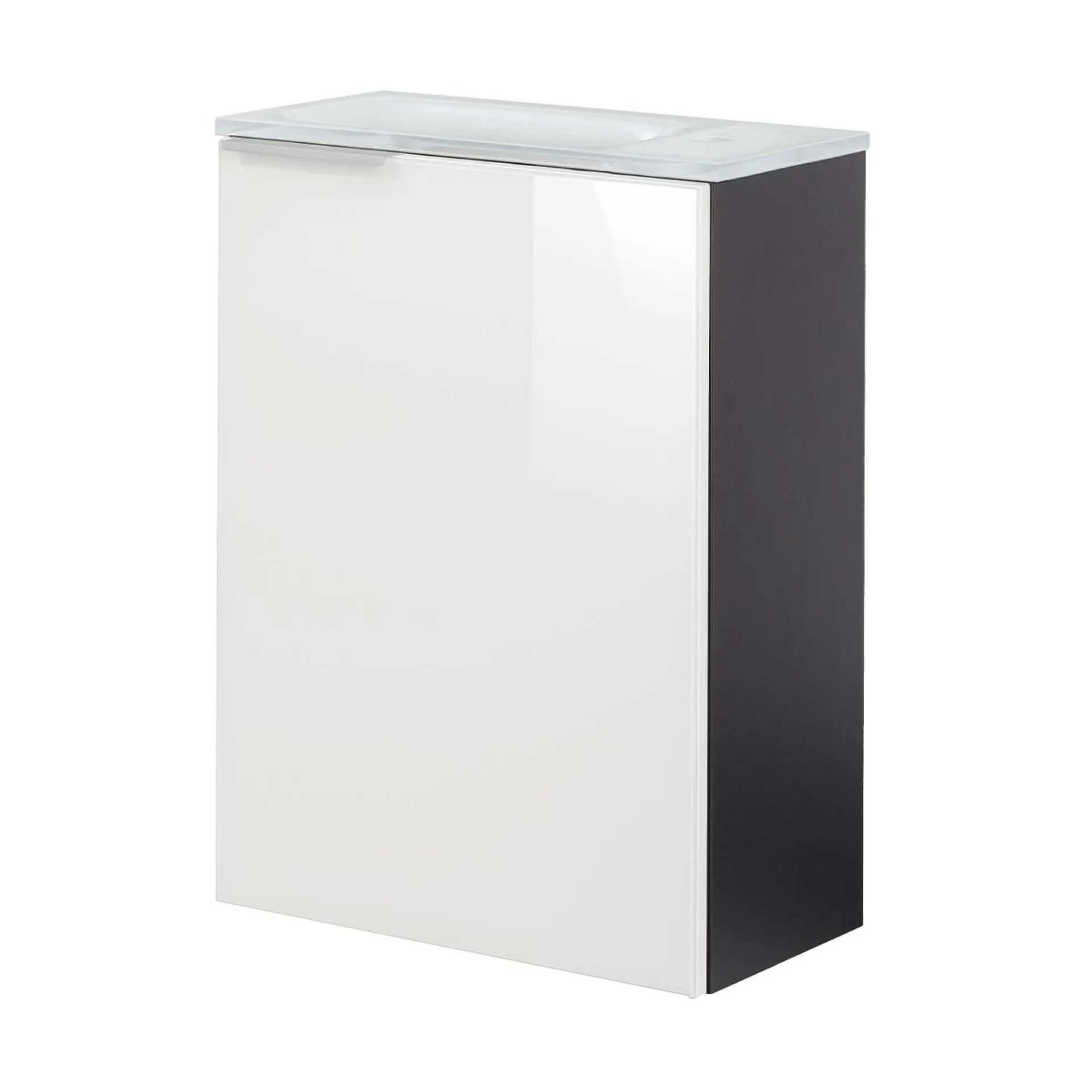 FACKELMANN SBC KARA Gäste WC Waschtisch Set 45 cm breit, Weiß/Anthrazit, Waschbecken Glas Weiß, Türanschlag rechts + Waschbeckenbeleuchtung
