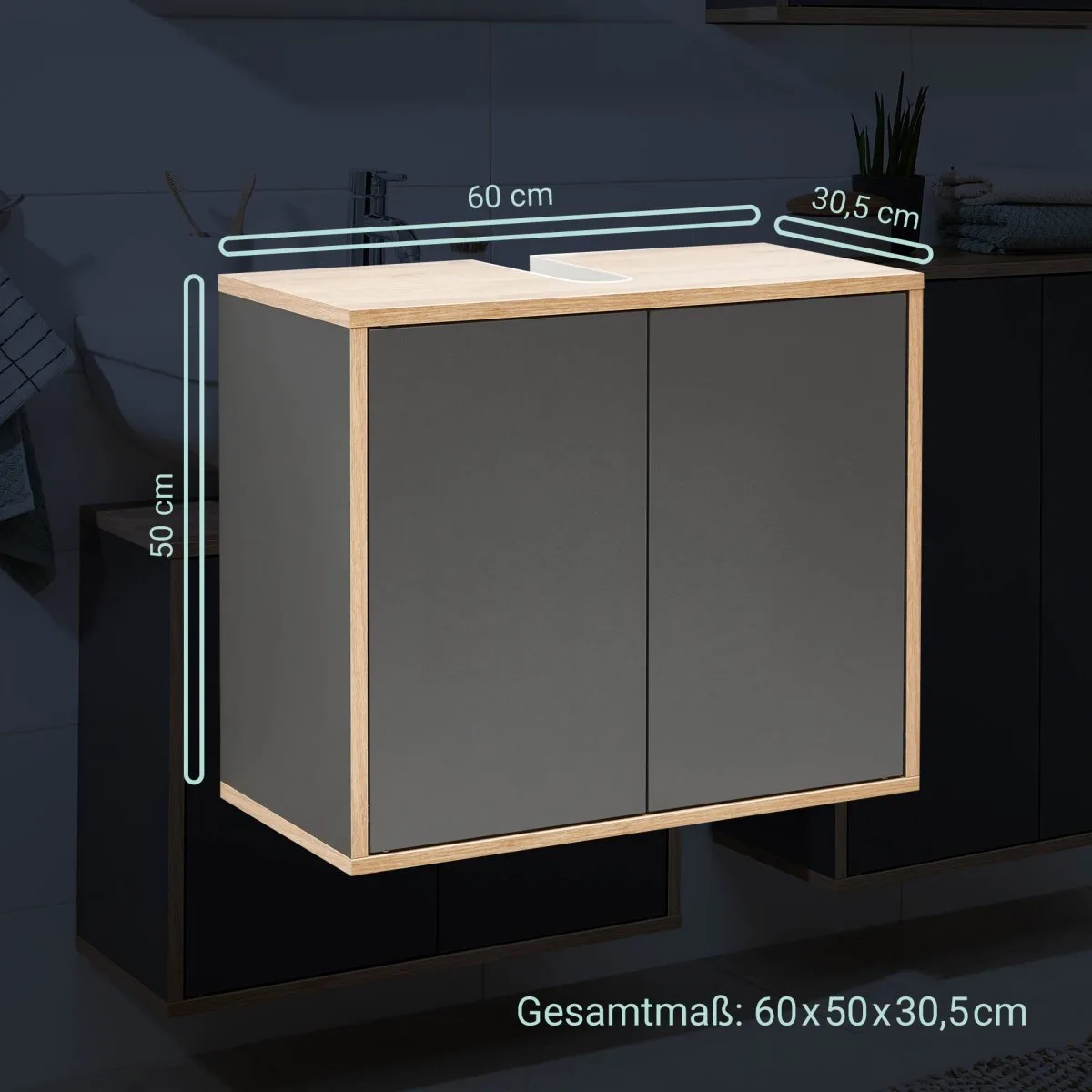 FACKELMANN FINN Waschbeckenunterschrank 60 cm breit, Anthrazit/Braun hell