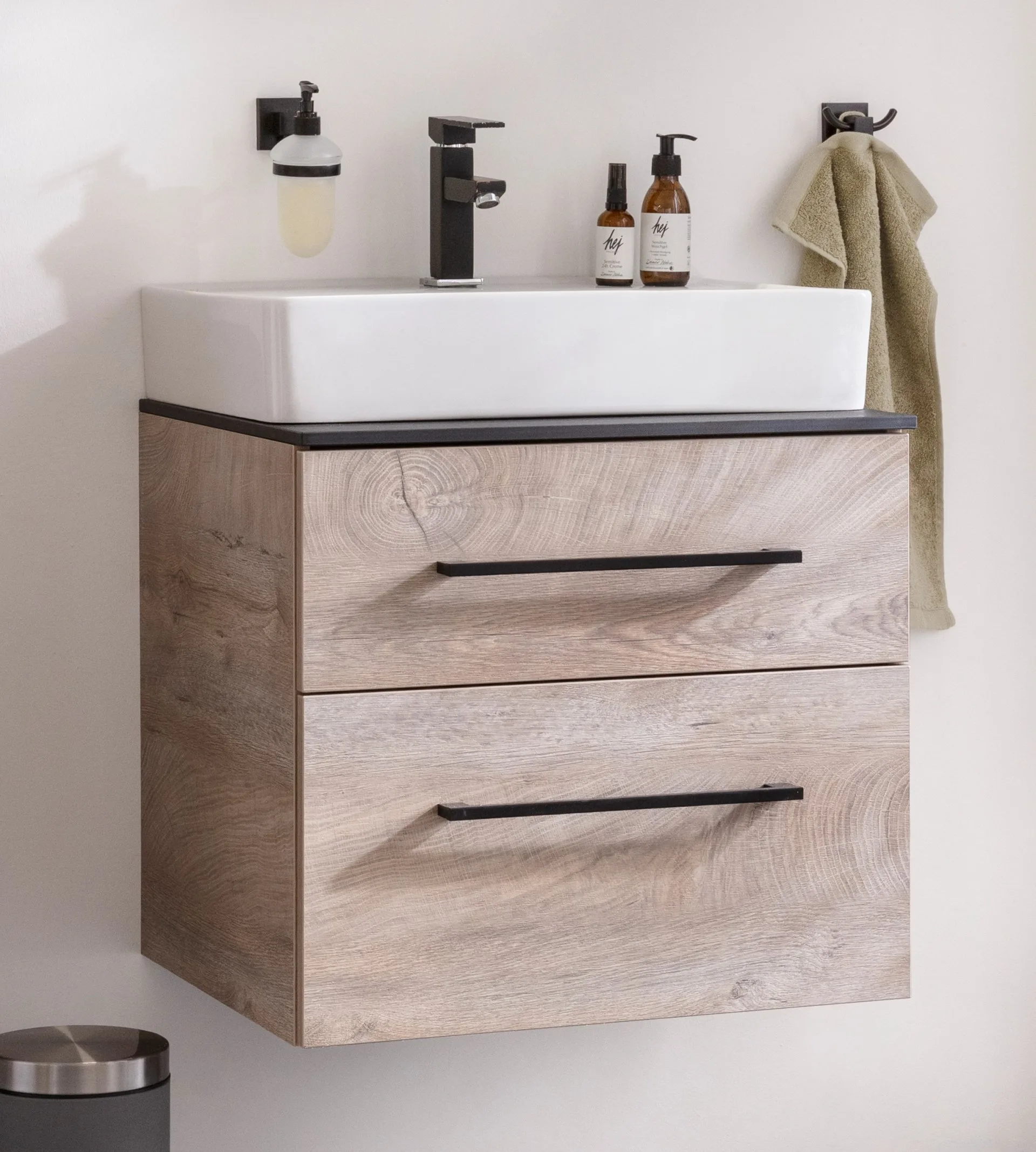 FACKELMANN OXFORD Waschbecken mit Unterschrank 60 cm breit, Braun hell, Aufsatzwaschbecken Keramik Weiß + Waschtischplatte
