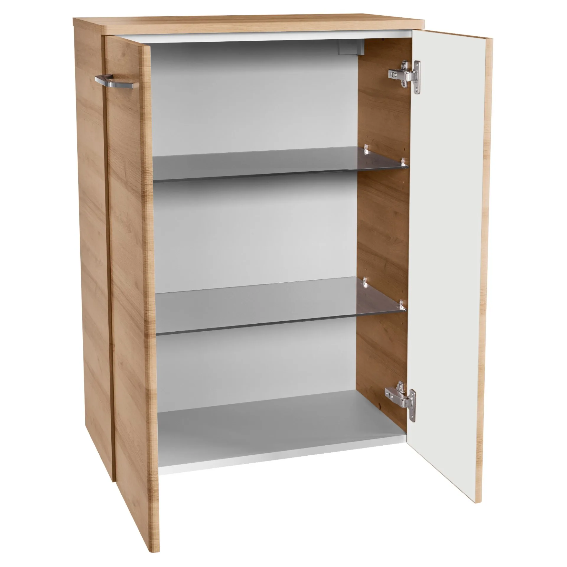 FACKELMANN MILANO Badmöbel Set 7-teilig 88 cm breit, Braun hell, Waschbecken Keramik Weiß + Midischrank + Doppel Midischrank + Glasablage + Spiegel + LED-Aufsatzleuchte