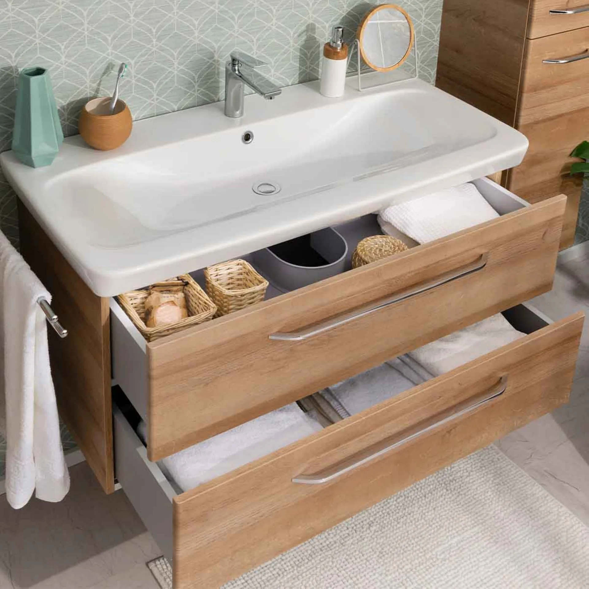 FACKELMANN MILANO Waschtisch Set mit Spiegelschrank 107 cm breit, Braun hell, Waschbecken Keramik Weiß
