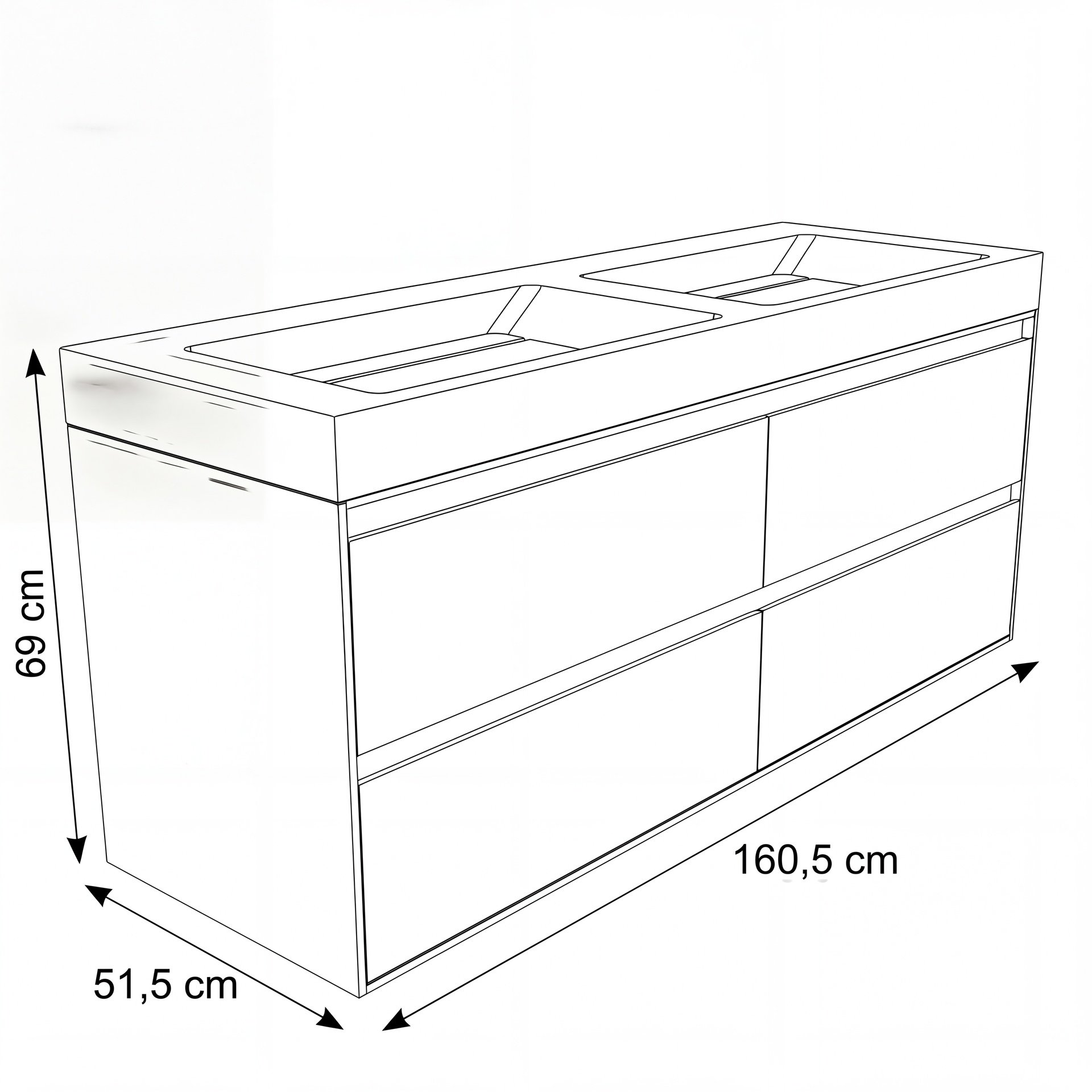 FORZALAQUA IBIZA BELLEZZA Waschbecken mit Unterschrank 160 cm breit, Braun hell, Doppelwaschbecken Naturstein Travertin matt mit zwei Hahnlöchern, 4 Schubladen