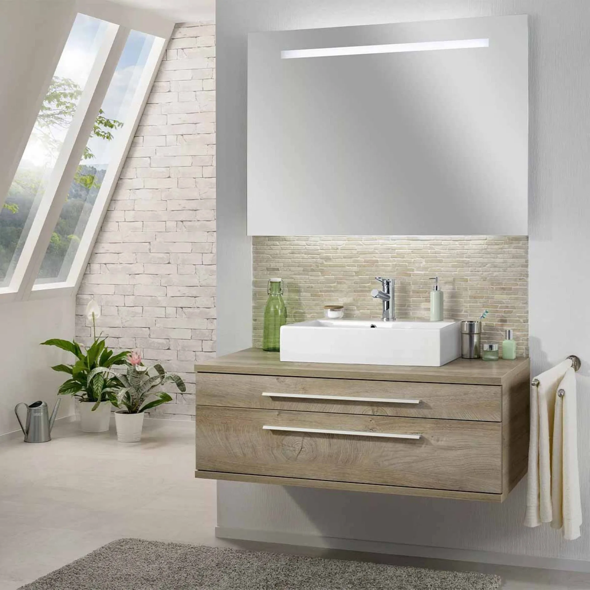 FACKELMANN STANFORD Waschbecken mit Unterschrank 110 cm breit, Braun hell, Aufsatzwaschbecken Keramik WeißKeramikbecken 60 cm kubisch