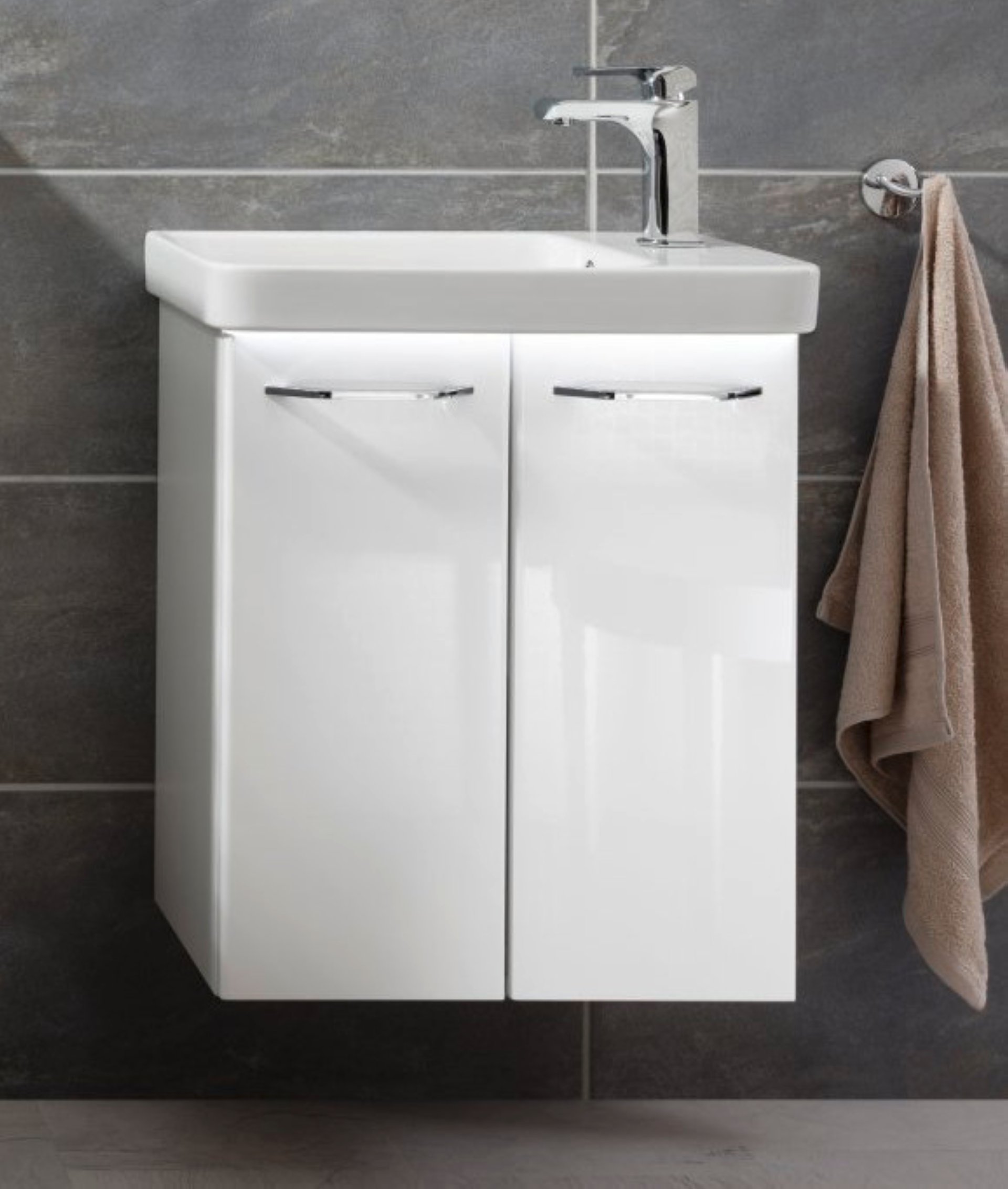 FACKELMANN MILANO Gäste WC Waschtisch Set 55 cm breit, Weiß, Waschbecken Keramik Weiß + Waschbeckenbeleuchtung