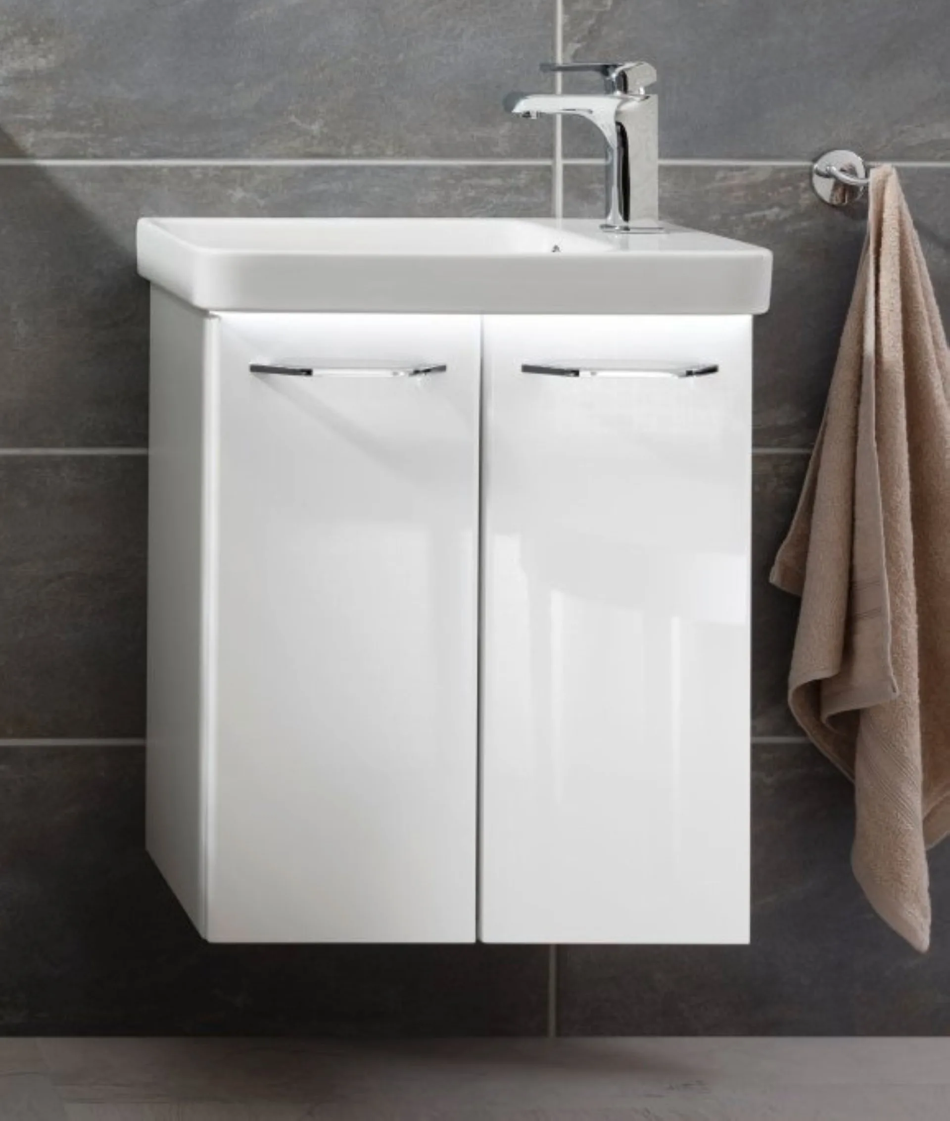 FACKELMANN MILANO Gäste WC Waschtisch Set 55 cm breit, Weiß, Waschbecken Keramik Weiß + Waschbeckenbeleuchtung