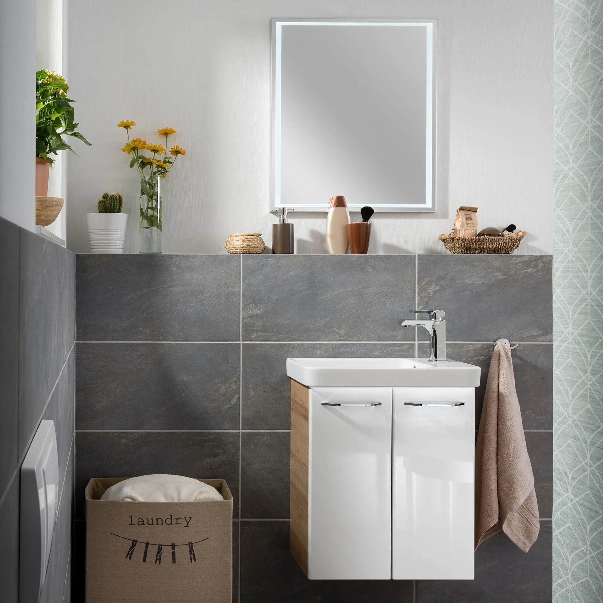 FACKELMANN MILANO Gäste WC Waschtisch Set 55 cm breit, Weiß/Braun hell, Waschbecken Keramik Weiß