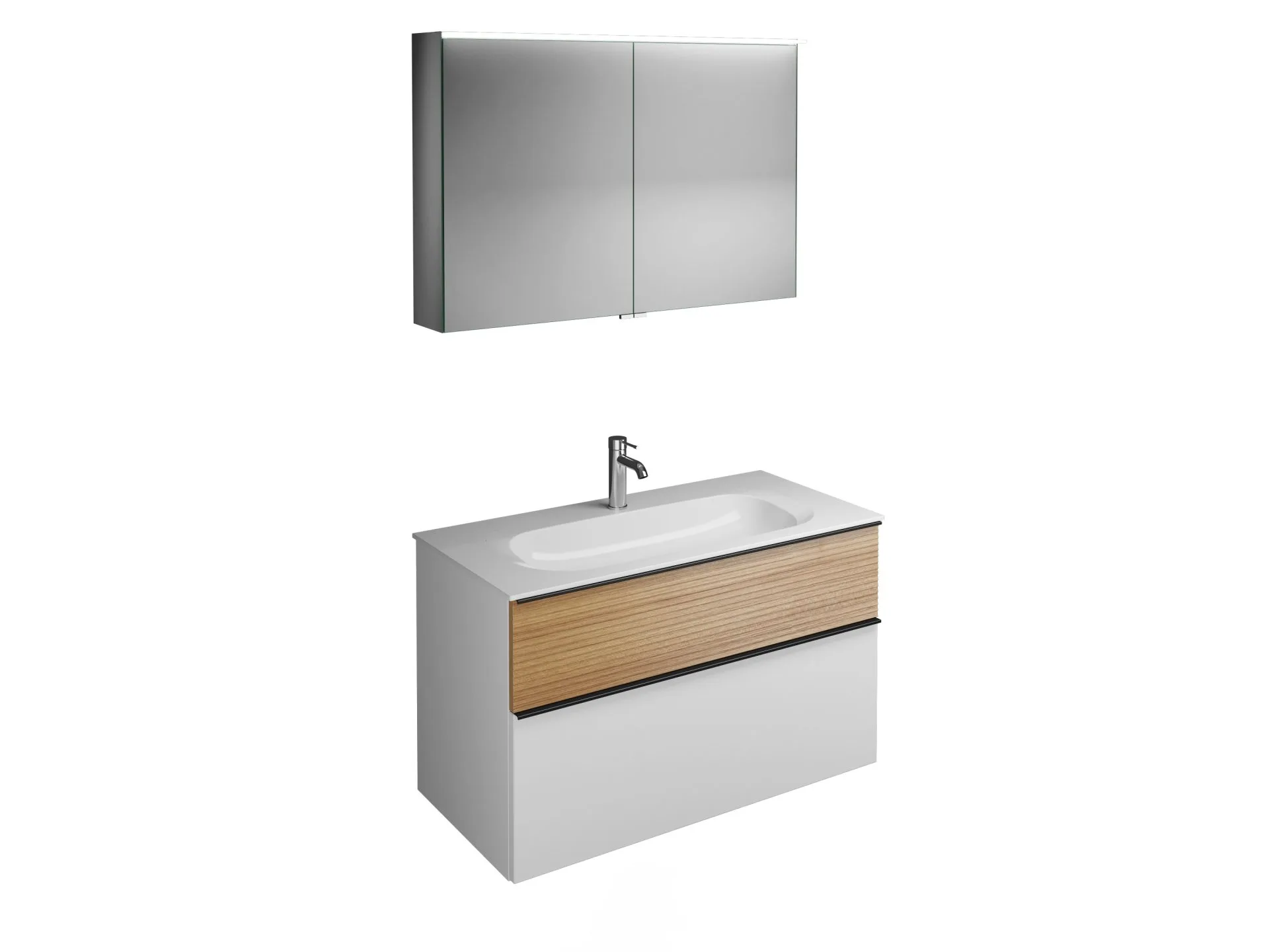 Burgbad FIUMO Waschtisch Set mit Spiegelschrank 102 cm breit, Braun/Weiß, Waschbecken Gussmarmor Weiß