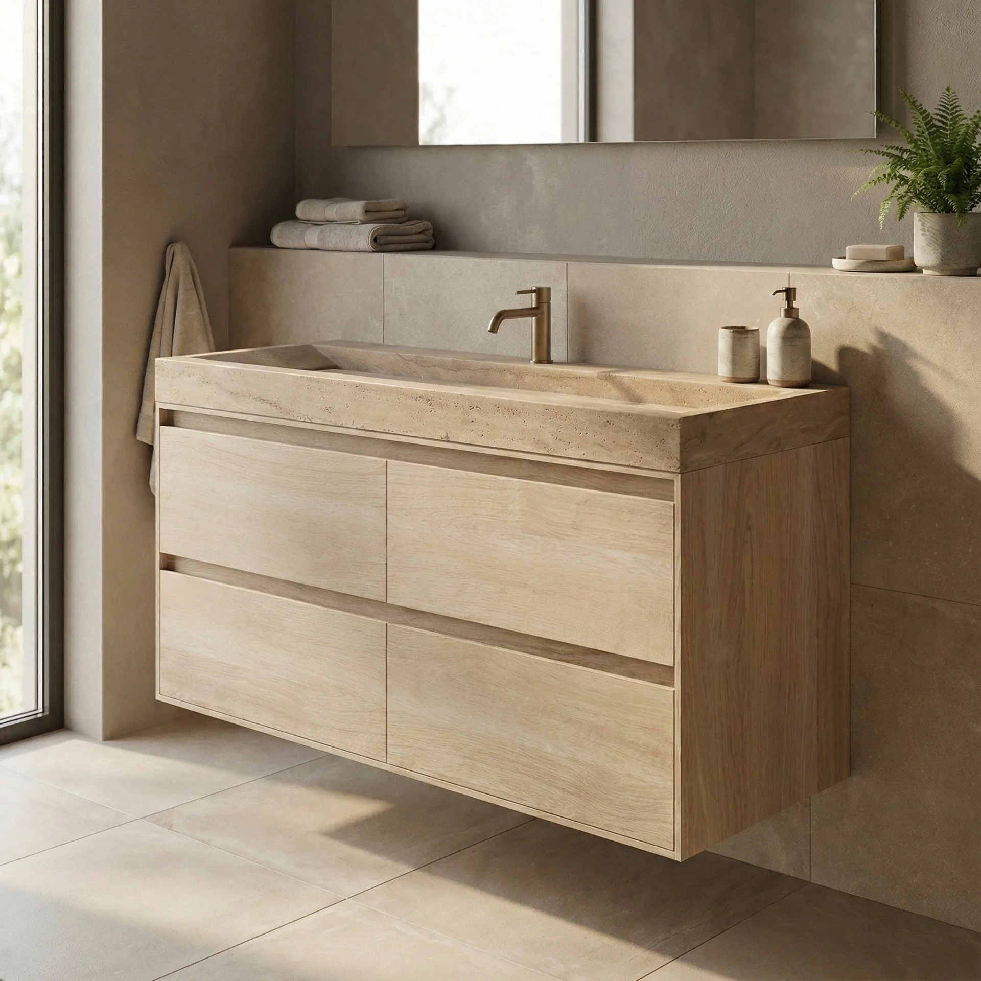 FORZALAQUA IBIZA BELLEZZA Waschbecken mit Unterschrank 120 cm breit, Braun hell, Natursteinwaschbecken Travertin matt mit Hahnloch, 4 Schubladen