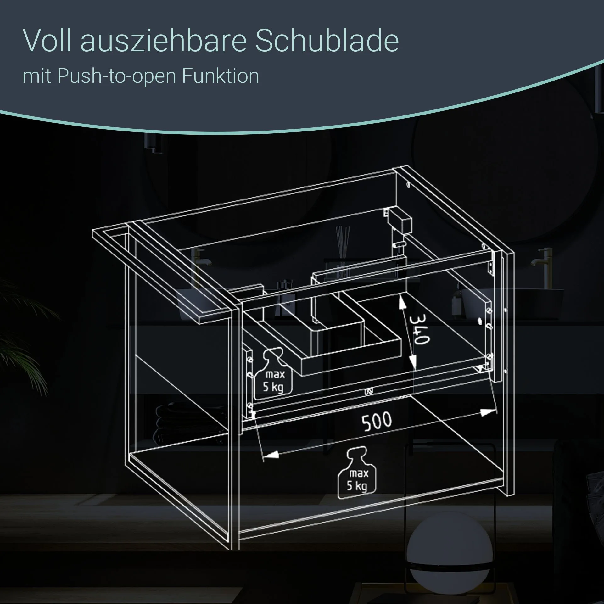 BADEDU DUNA Waschbecken mit Unterschrank 60 cm breit, Grün, Aufsatzwaschbecken Keramik Weiß, Waschtischplatte Anthrazit