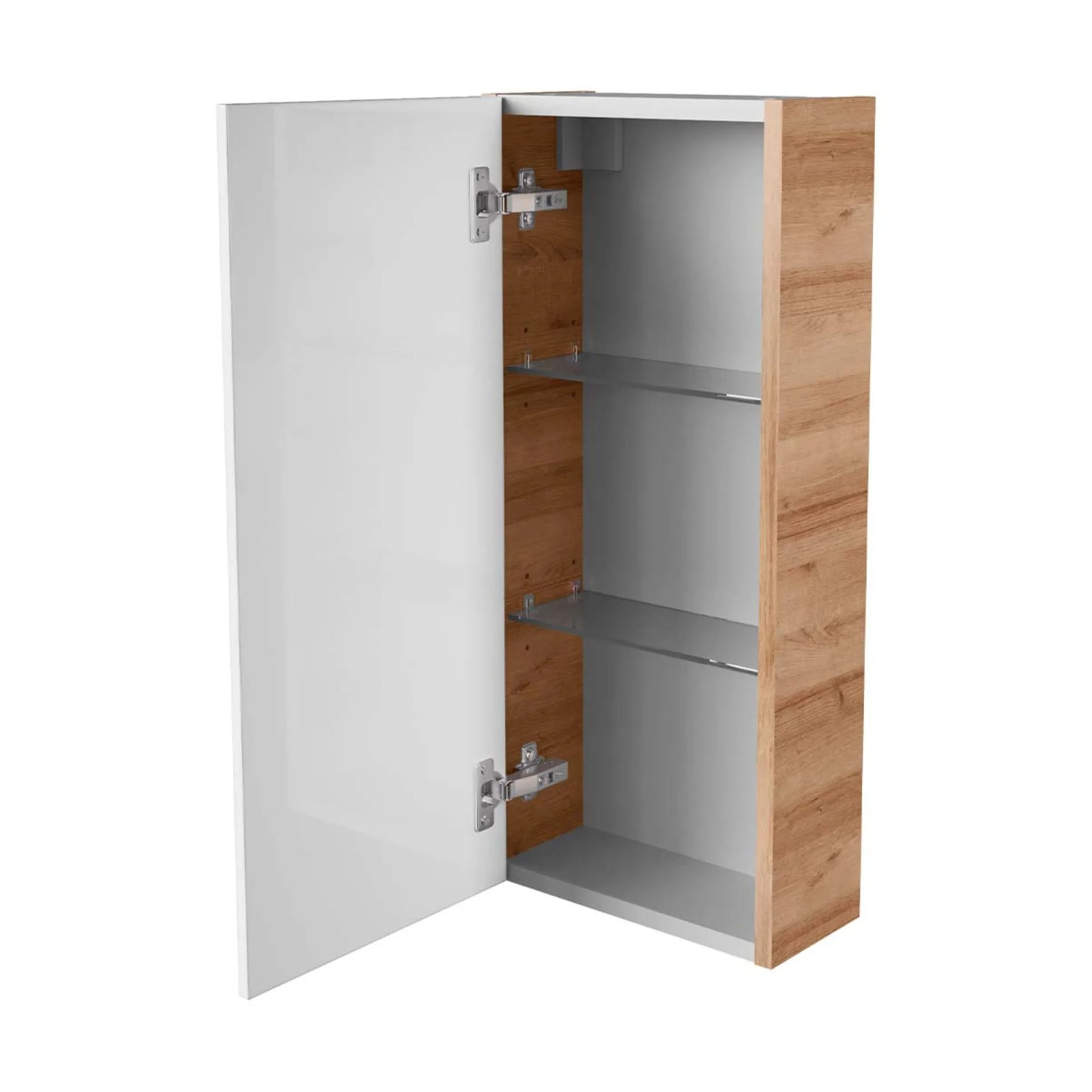 FACKELMANN MILANO Badmöbel Set 6-teilig 88 cm breit, Weiß/Braun hell, Waschbecken Keramik Weiß + LED Spiegel + Unterschrank + Hängeschrank + Hochschrank