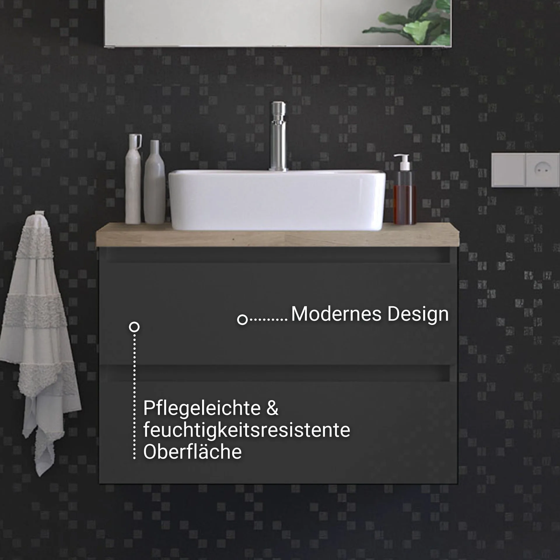 BADEDU GERS Waschbecken mit Unterschrank 80 cm breit, Grau, Aufsatzwaschbecken Keramik Weiß, Waschtischplatte Braun hell